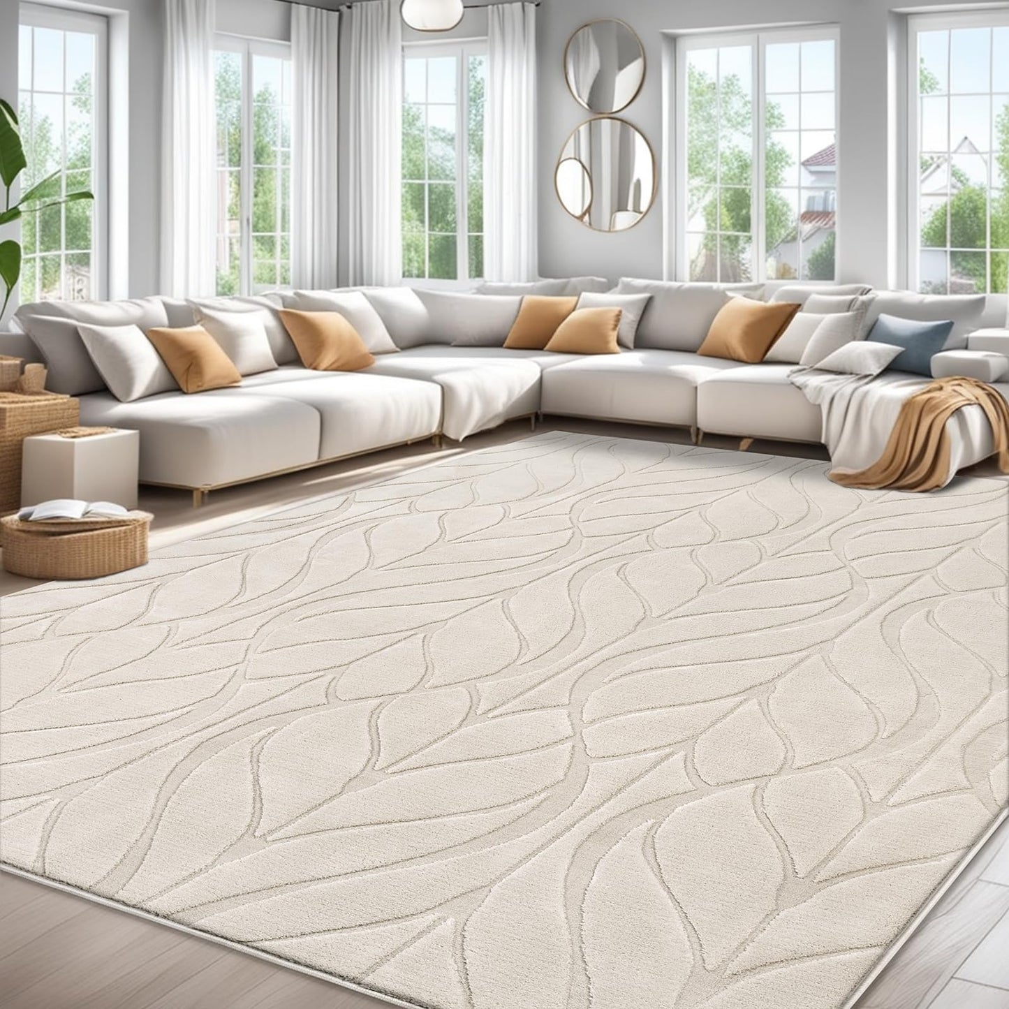 SHACOS Soft Area Rug for Living Room 6x9, Washable Non Slip Bedroom Rug Beige, Fluffy Large Rugs Carpet for Floor Living Room Kids Nursery Room, Home Decor Aesthetic - Leaf Pattern Design