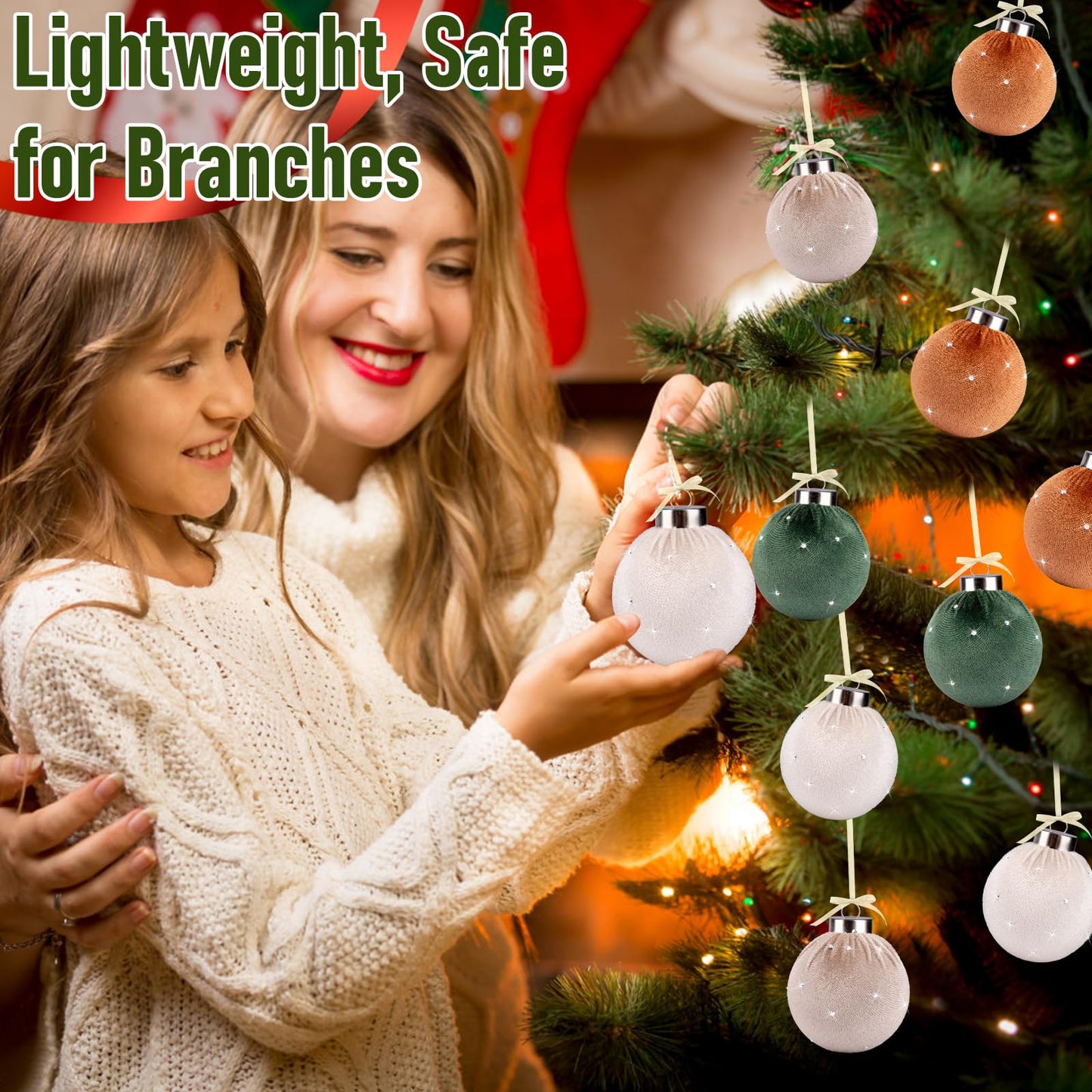 TonJin Christmas Tree Ornaments Velvet Balls 12 Pack, 2.36"/60mm Glitter Shatterproof Hanging Flocked Xmas Bulbs Decorations, Lightweight, Burnt Orange Green Beige Neutral,Holiday Party Home Decor