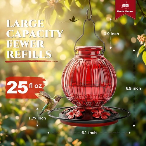 Glass Hummingbird Feeder - 24Oz Outdoor Nectar Feeder with Perch & 5 Flower Ports | Leak-Proof Garden Decor