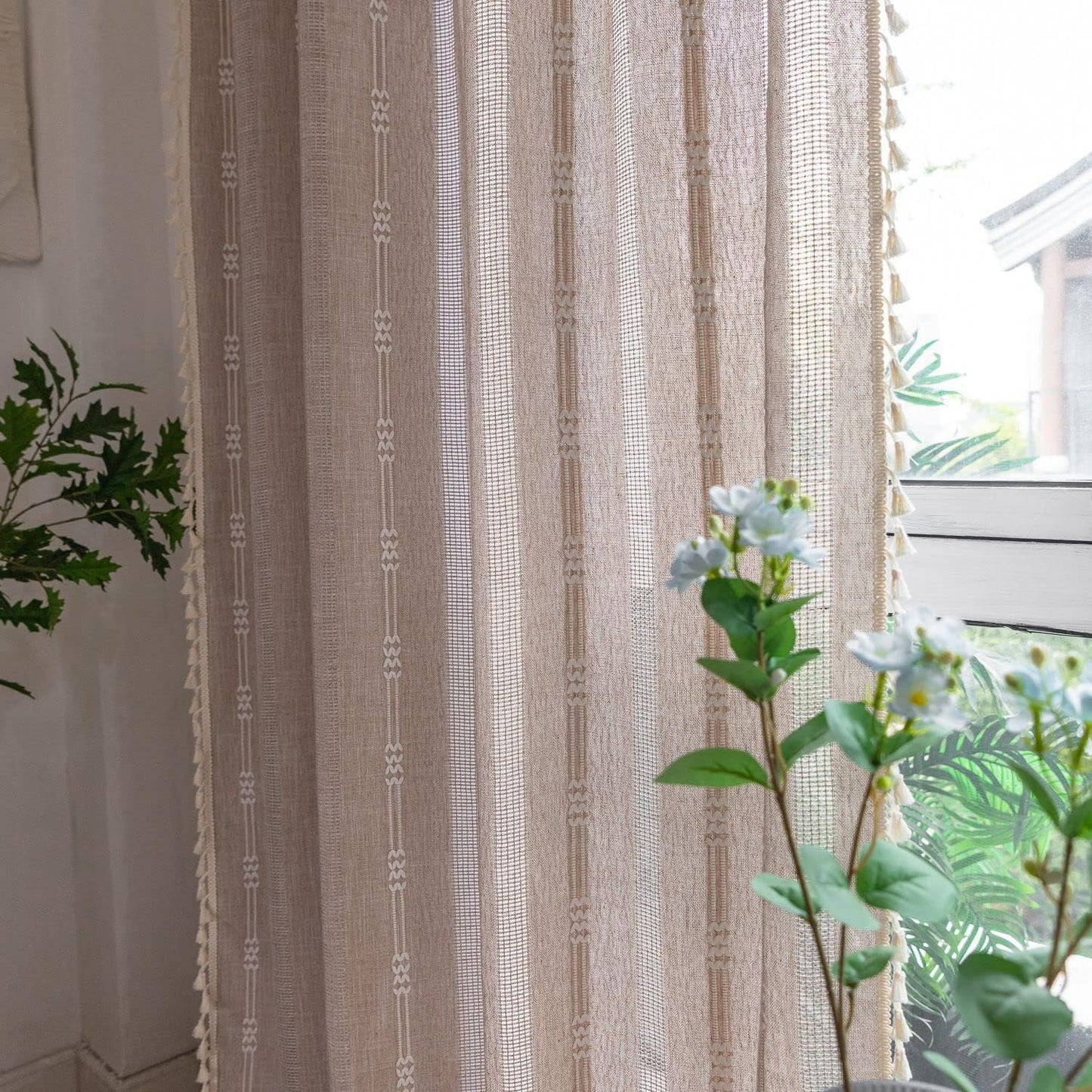 Linen Curtains 108 Inches Long for Living Room 2 Panels Set, Embroidery Farmhouse Tassel Boho for Bedroom Light Filtering Window Rod Pocket Drapes (52" W x 108" L, Khaki)