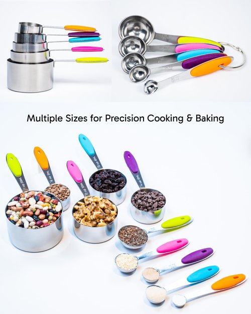 Dusico® Measuring Cups and Spoons Set of 10 - Stainless Steel Metal Measuring Cups Set for Cooking and Baking, Heavy Duty Stackable Measuring Set with Colorful Silicone Handles, Dishwasher Safe