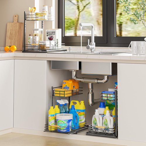Delamu Under Sink Organizer - Height Adjustable Slide-Out Storage Shelf for Kitchen & Bathroom Cabinets