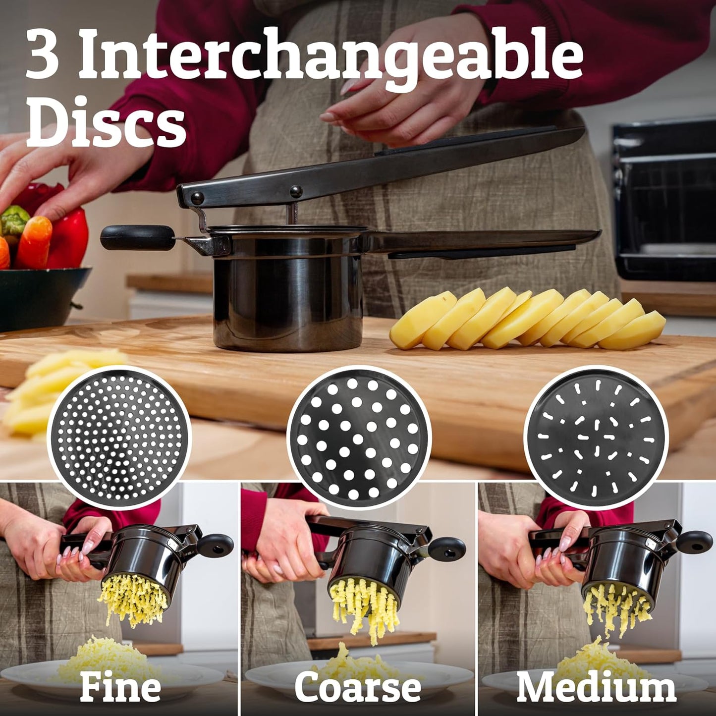PriorityChef 15oz Potato Ricer - Heavy Duty Stainless Steel Masher with 3 Discs | All Black Design