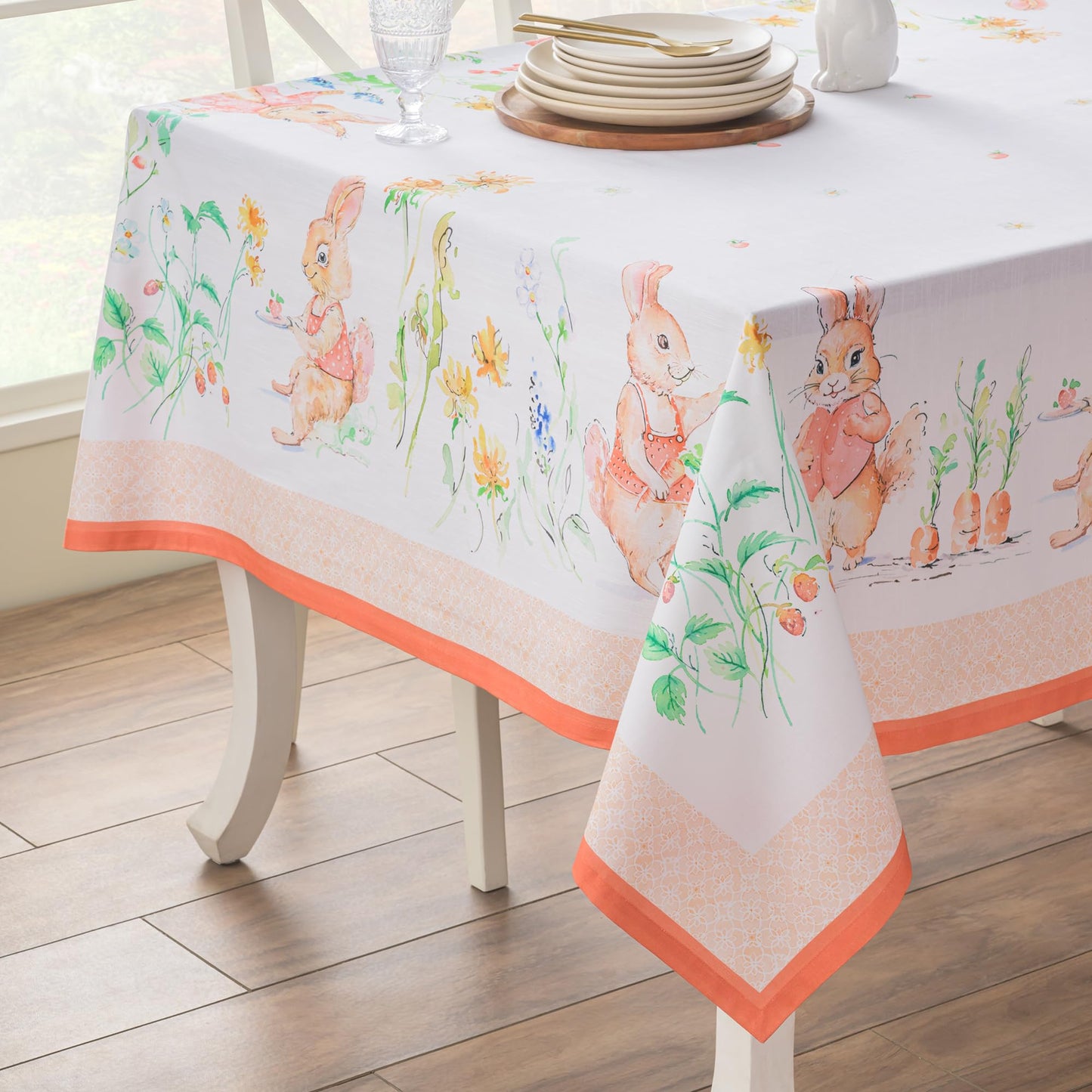 Maison d' Hermine Table Cloth Rectangle Table 100% Cotton 70 x 90 Inches Tablecloth Reusable Decorative for Dining Kitchen Room Farmhouse Home Gifts for Mothers Day Spring Summer - Bunny Party