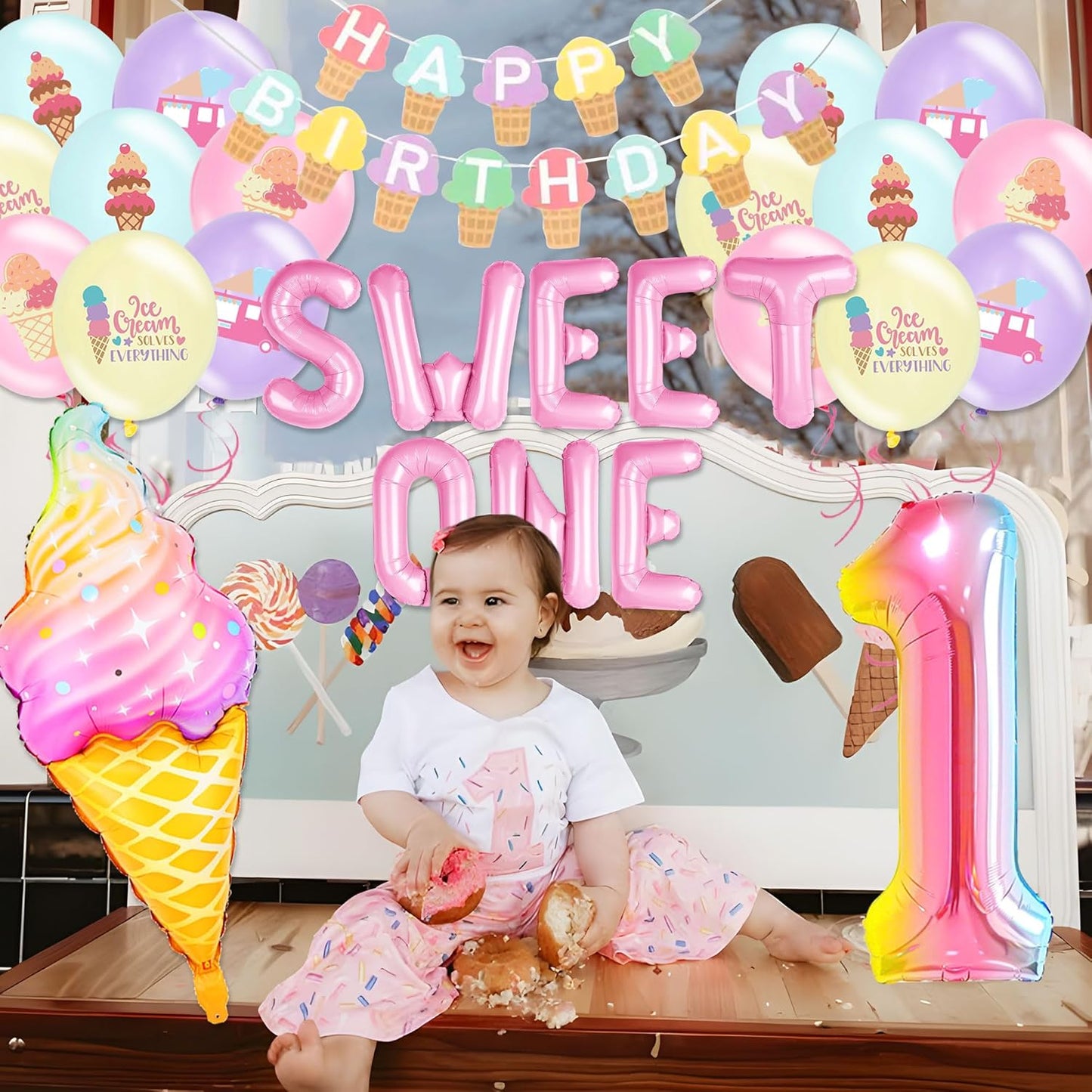 Sweet One 1st Birthday Decorations for Girls - Donut & Ice Cream Party Supplies Set