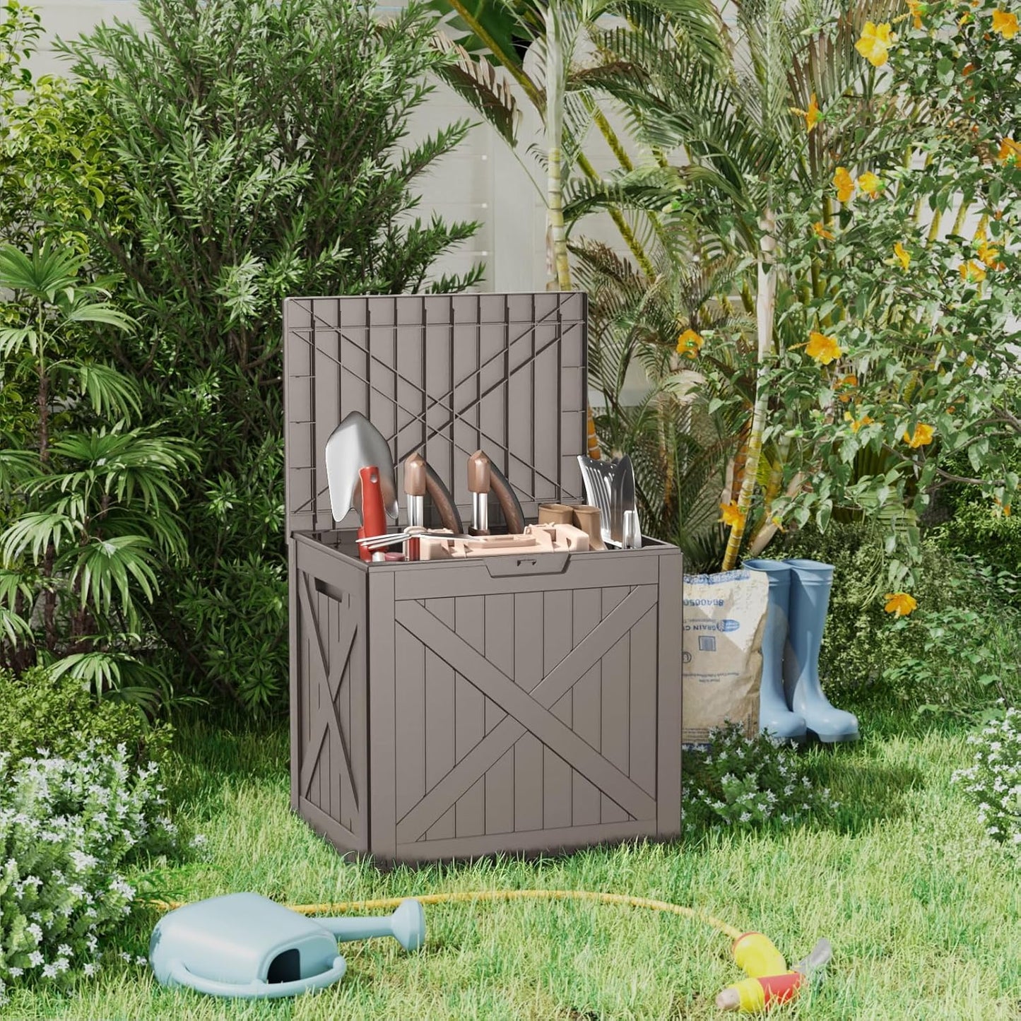 Skiennix 38 Gallon Outdoor Deck Box - Lockable Waterproof Storage for Garden Tools & Cushions | Grey