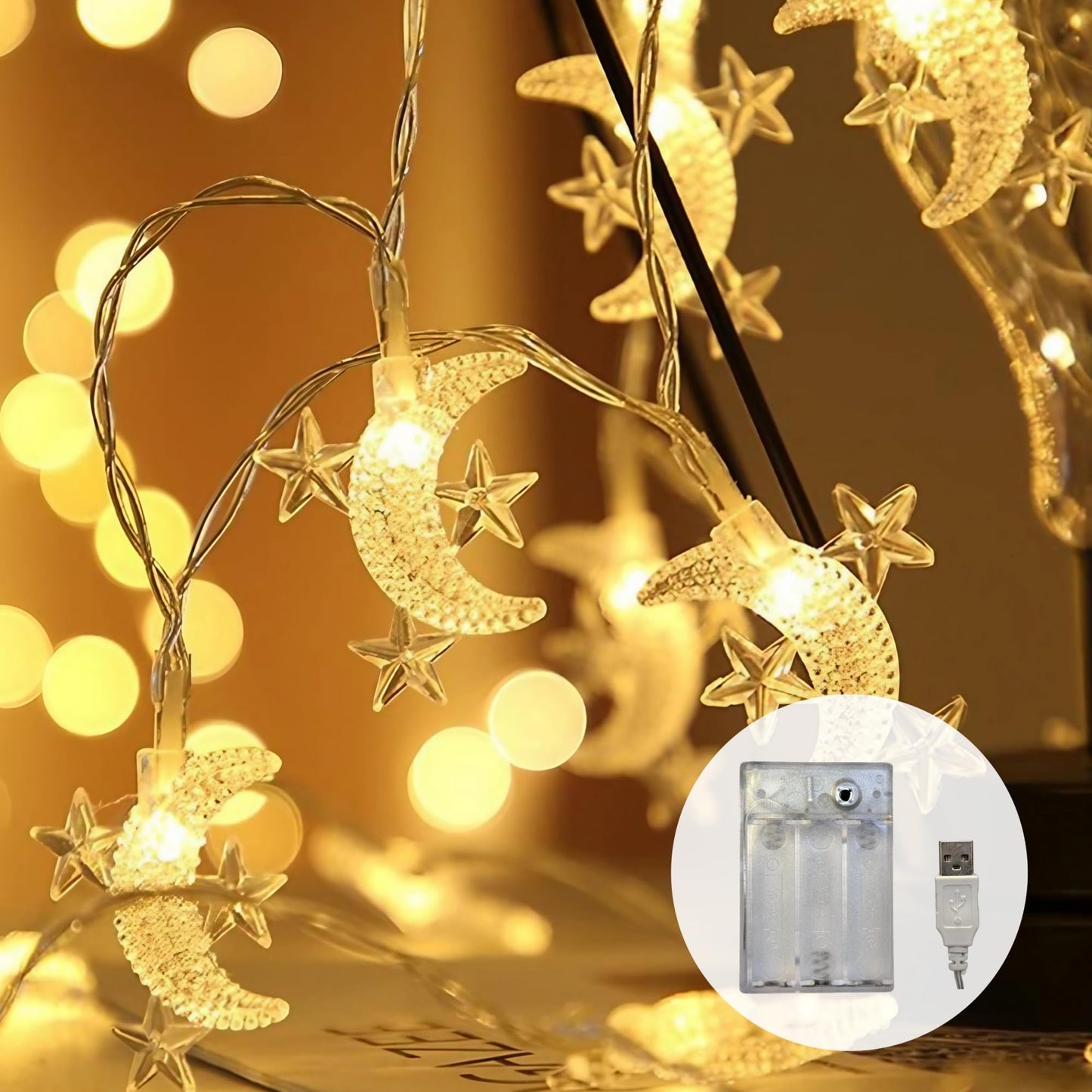 LANZODA Fairy Lights Battery Operated or USB Plug in 26ft/8M 40LED 8 Modes with Timer Ramadan Decorations for Home Moon and Star Lights Wedding Christmas Diwali Eid Room Decor Warm White