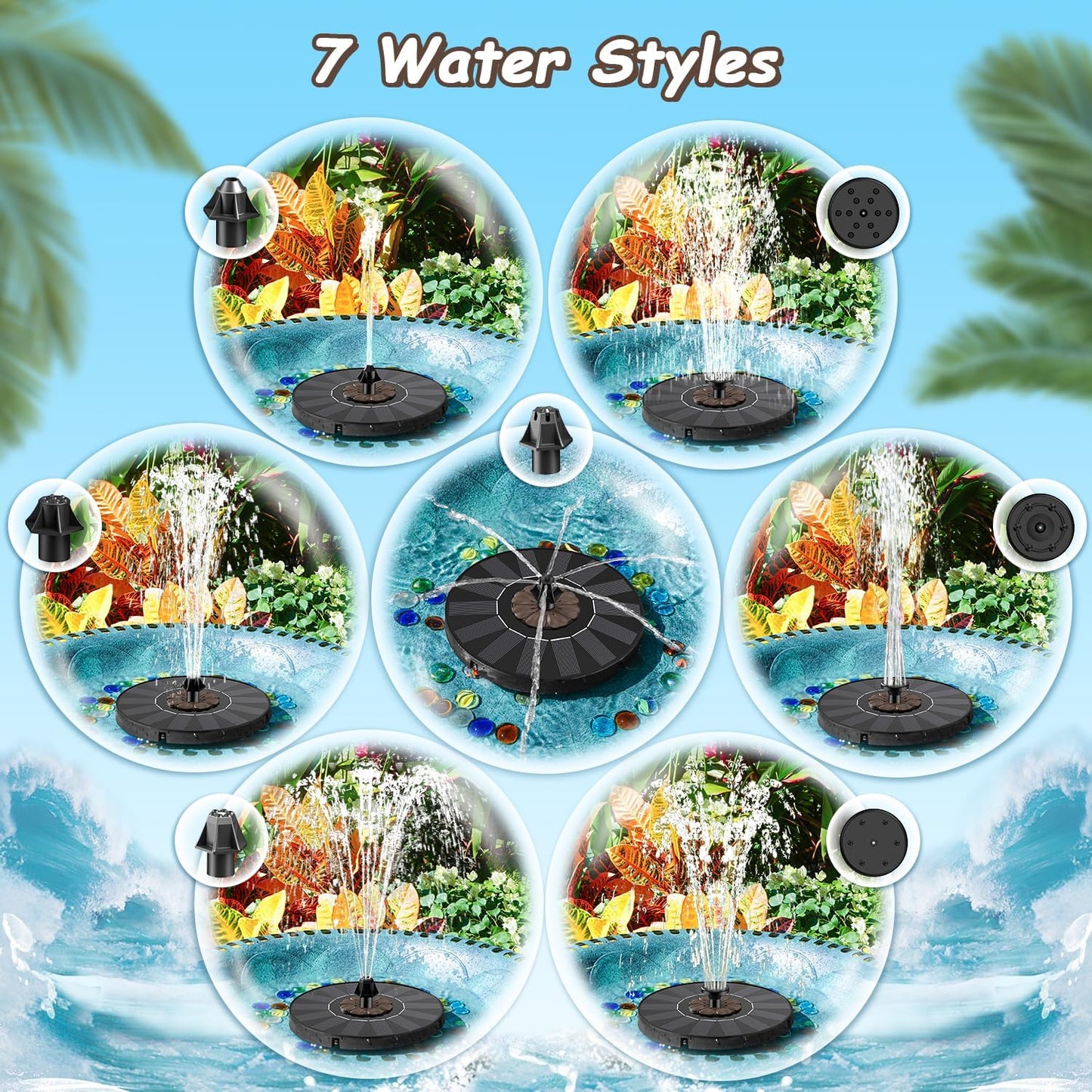 Yzert Solar Fountain Pump - Floating Water Feature with 4 Fixers & 7 Nozzles for Gardens, Ponds & Bird Baths