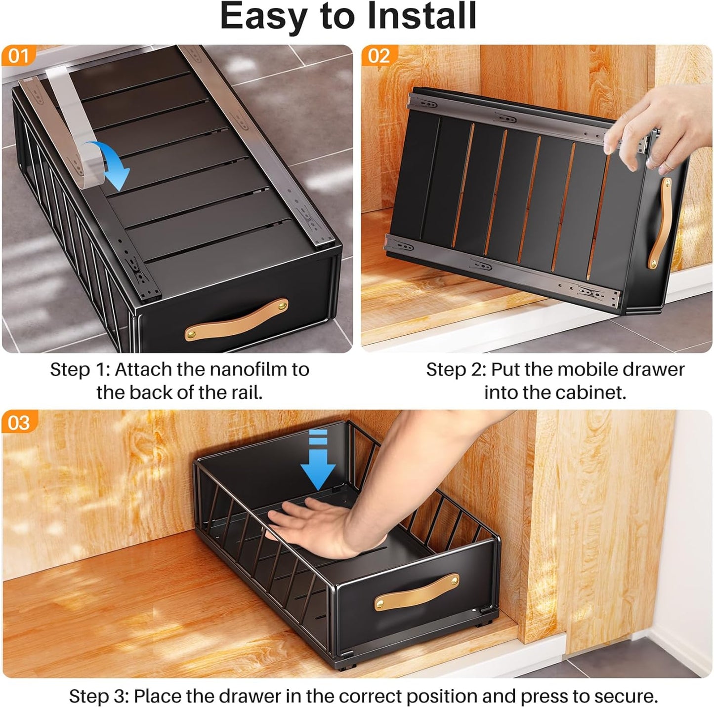 Skiennix Pull-Out Cabinet Organizer - Heavy-Duty Sliding Pantry Shelves with Handle | 11.8"W X 15.7"D X 6.2"H, Black
