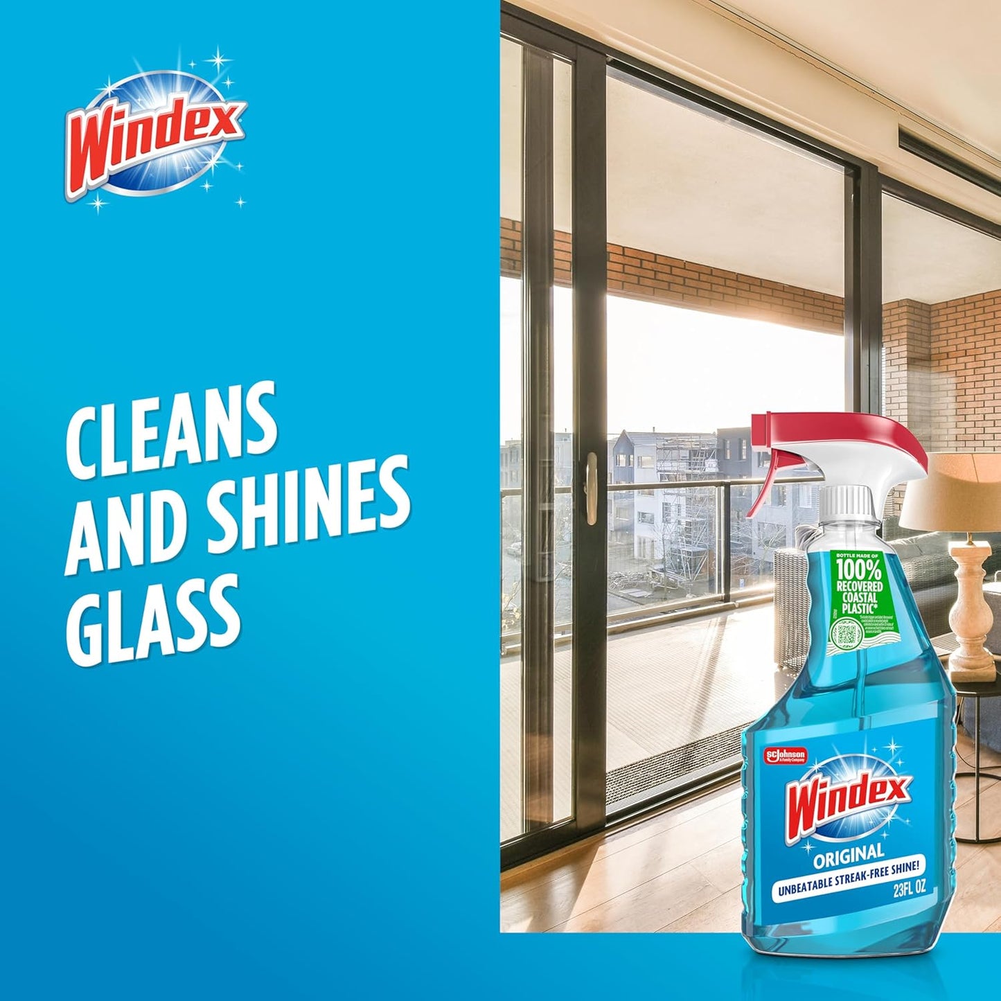 Windex Glass Cleaner Spray - Eco-Friendly 100% Recycled Plastic | Original Blue Scent, 23 Fl Oz (Pack of 2)