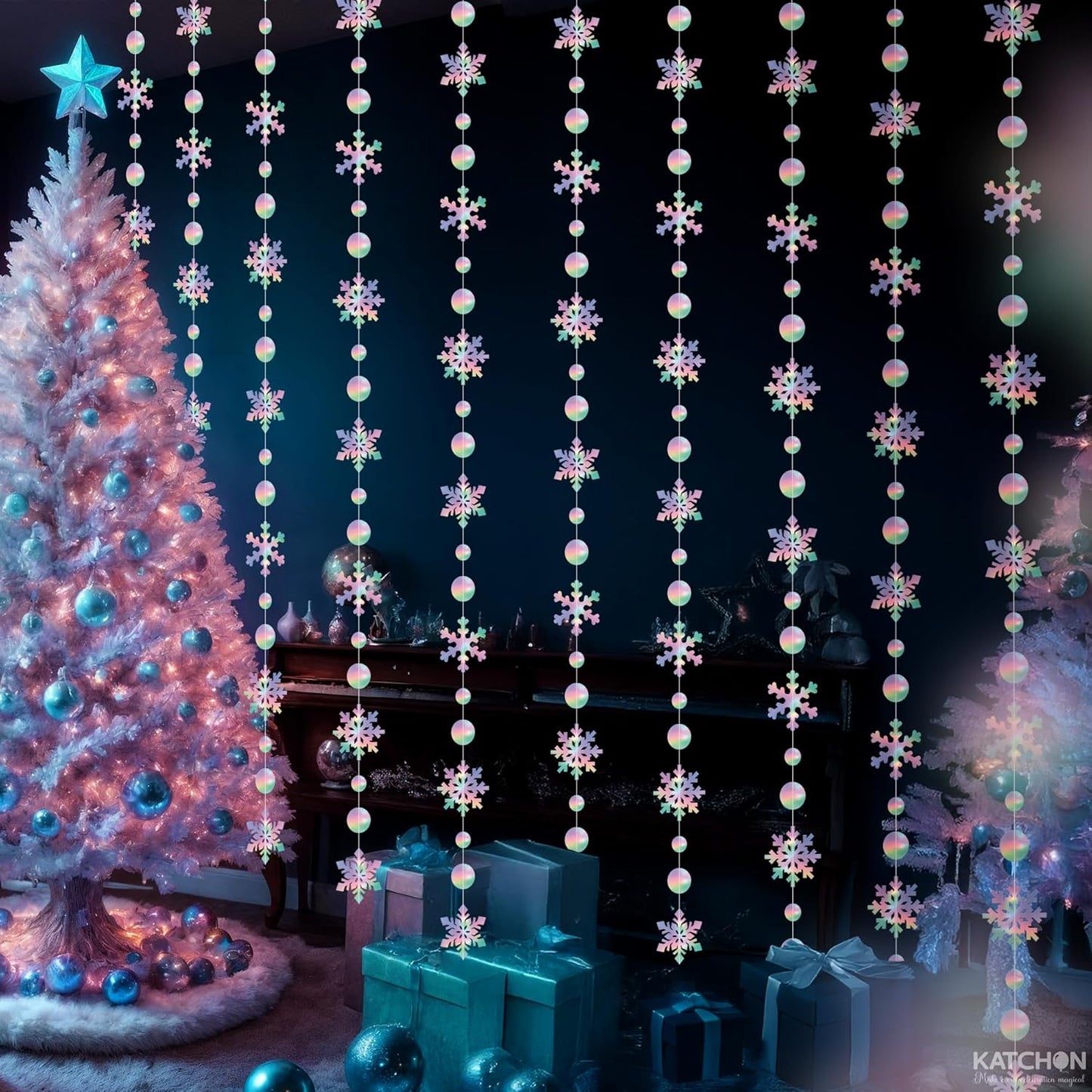 KatchOn 6.5 FT Christmas Garland - Snowflake Hanging Decorations | Iridescent Winter Decor