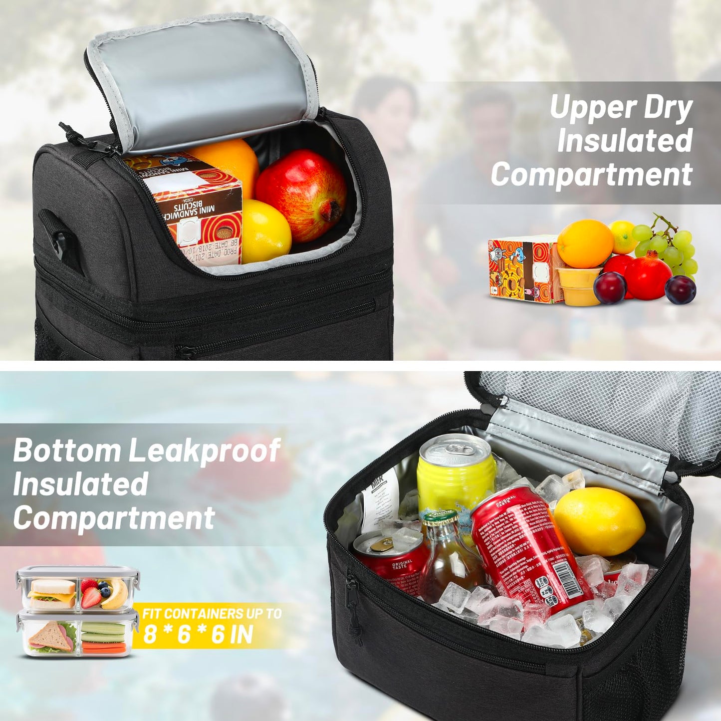 MIER 2 Compartment Lunch Bag for Men Women, Leakproof Insulated Cooler Bag for Work, Dark Grey, Medium