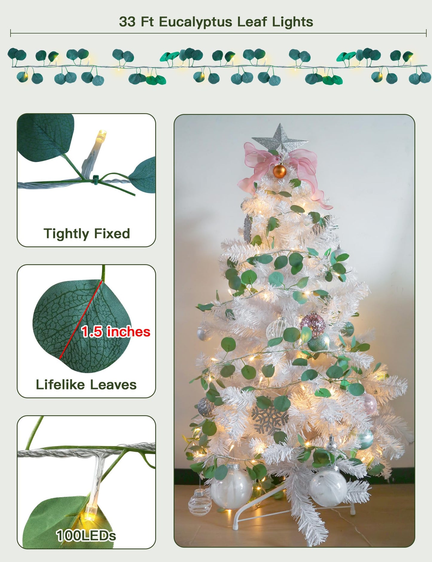 suddus Vines with Lights Plug in, 33ft 100 LED Eucalyptus Garland String Light Connectable with Remote, Leaf Lights for Bedroom, Room, Wall, Garden, Party, Wedding Dorm Decor (Warm White)
