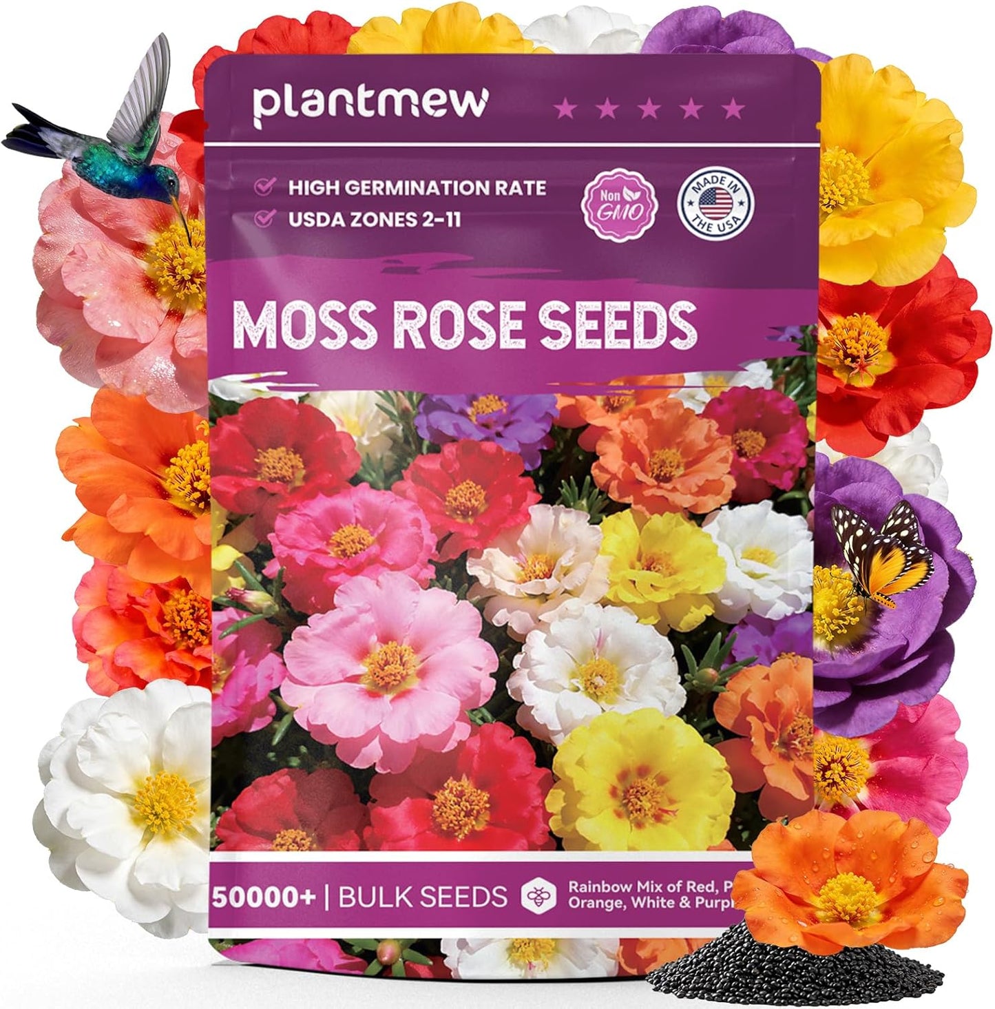 Moss Rose Seeds - 50,000+ Non-GMO Heirloom Portulaca Seeds | Drought-Tolerant Rainbow Mix for Outdoors