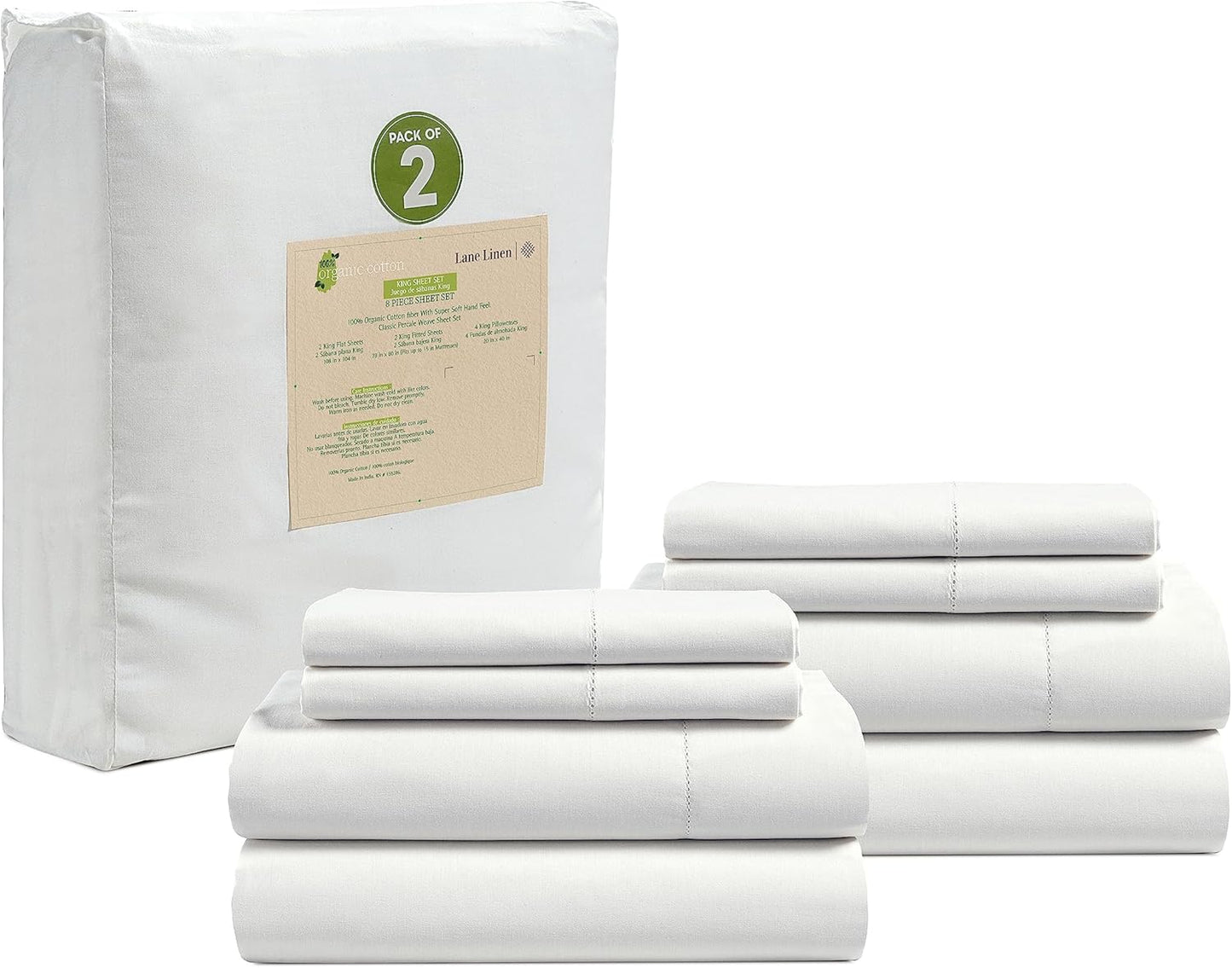 LANE LINEN 100% Organic Cotton King Sheet Set - Breathable Luxury Bedding, 4-Piece White Set with 15" Deep Pockets