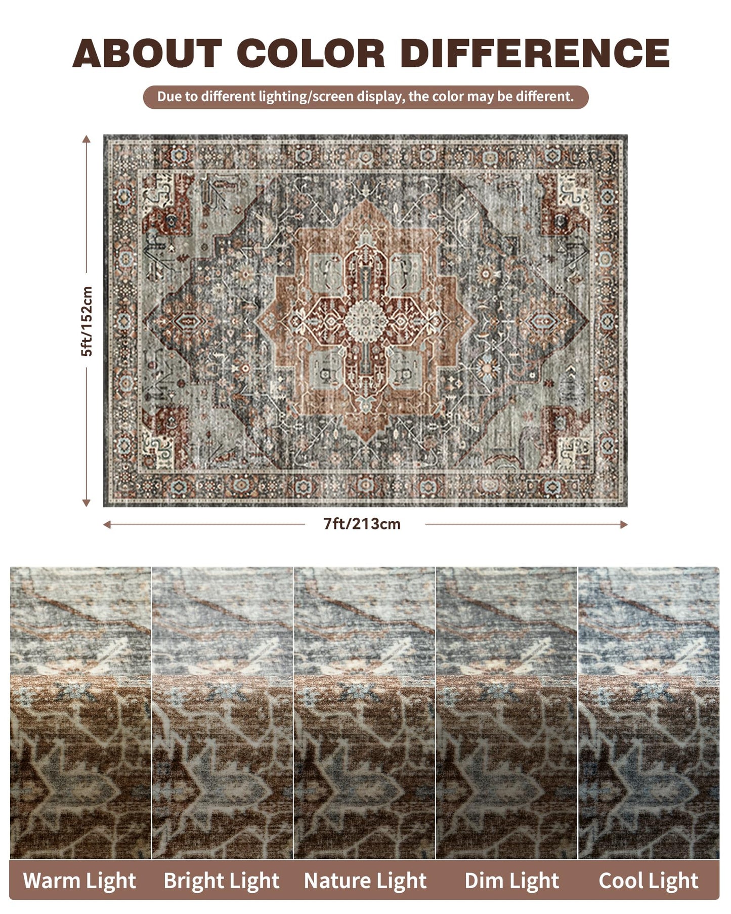 Roxstand 5x7 Area Rugs, Stain Resistant Machine Washable Area Rugs with Non-Slip Backing, Vintage Rugs for Bedroom, Living Room, Large Soft Low Pile Area Rug (Grey/Brown/Tan, 5'x7')