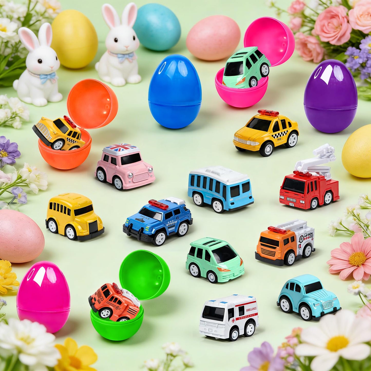 12 Pcs Prefilled Easter Eggs with Mini Cute Pull Back Alloy Car Toys for Toddlers Kids Easter Basket Stuffers Egg Hunt Party Favors Classroom Prizes for Boys and Girls