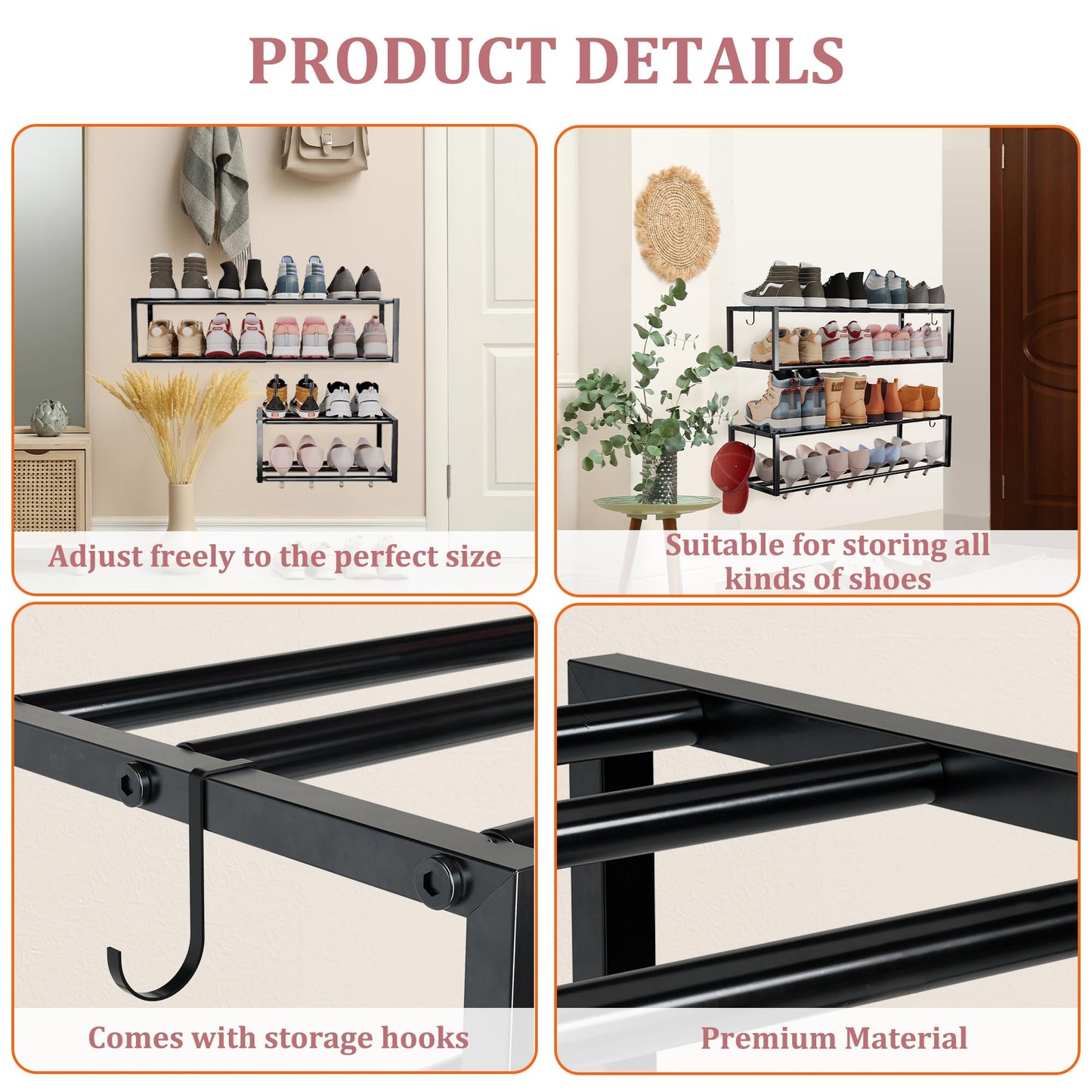 Jchccu 4 Pack Expandable Wall Mounted Shoe Rack, 17"-31" Adjustable Hanging Shoe Rack Holds 32 Pairs, Heavy Duty Metal Shoe Holder with 8 Storage Hooks, Space Saving for Entryway Closet Doorway（Black