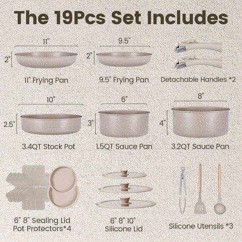 Chef Power Ceramic Nonstick Pots and Pans Set 19 Piece with Detachable Handle, Induction Dishwasher Oven Safe Cookware Set, RV Kitchen Set Removable Handle, Mocca Taupe