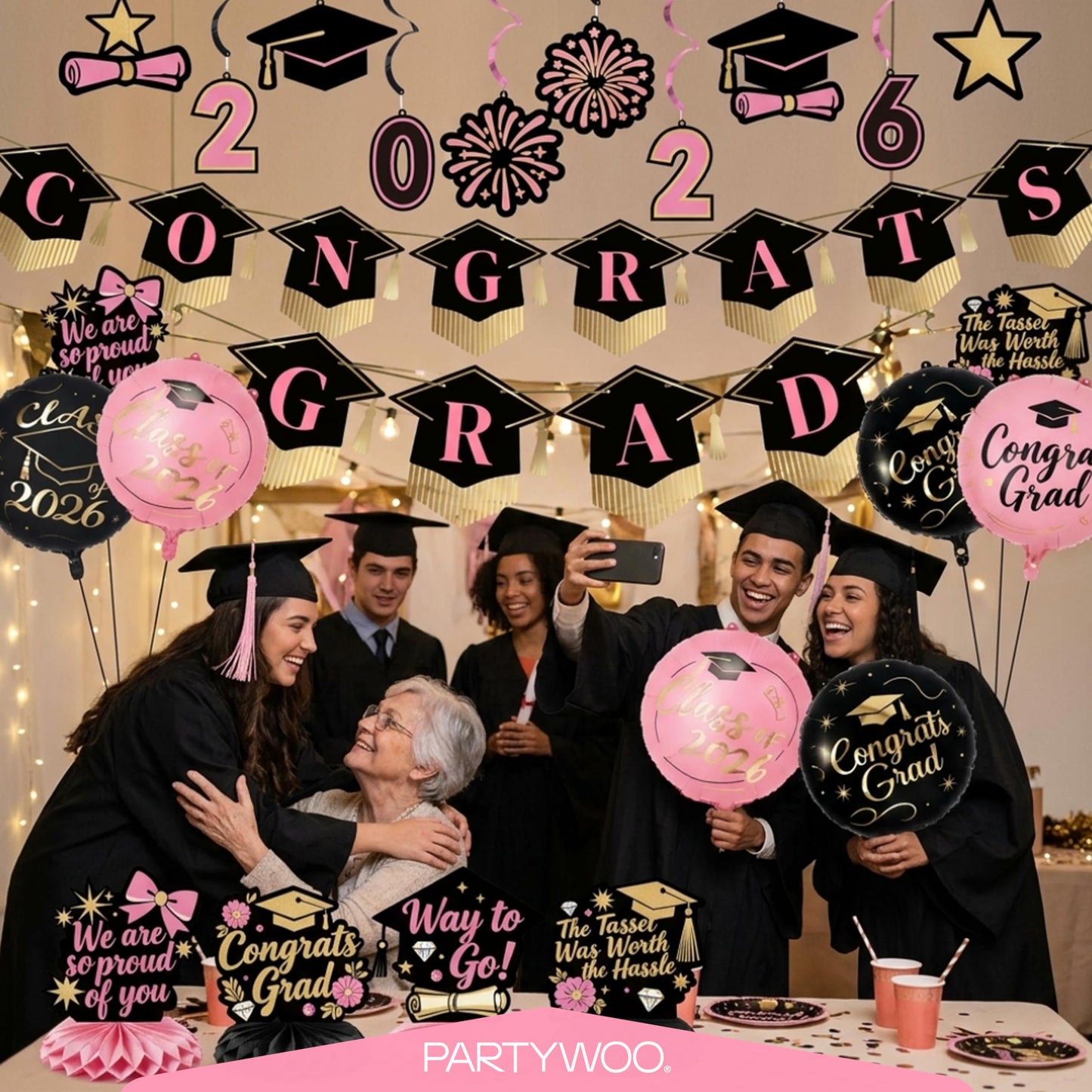 PartyWoo Graduation Decorations Class of 2026 Black Gold Pink 19pcs Grad Party Supplies with Congrats 2026 Grad Banner Hanging Swirls Foil Balloons Graduation Cap Centerpieces Party Decorations