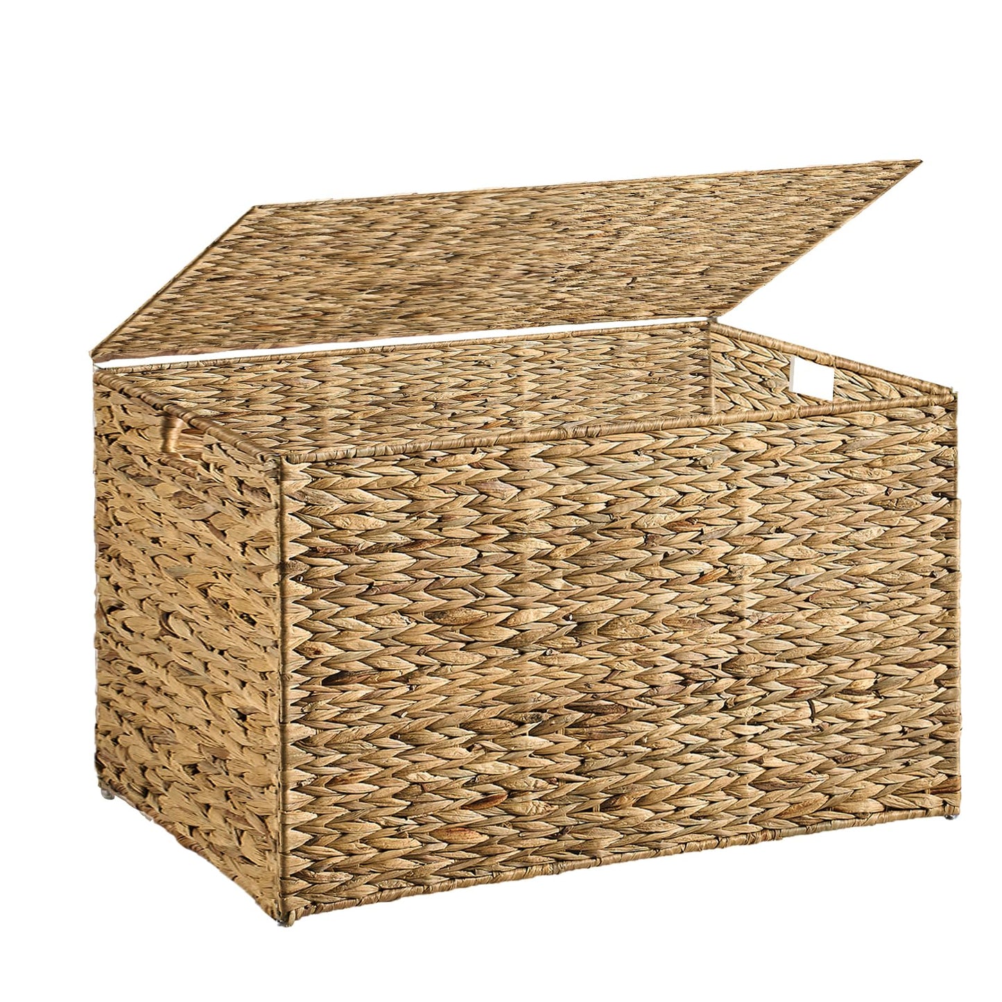 MOORLITER Water Hyacinth Storage Basket with Lid, 42.3 Gallon (160L) Wicker Storage Trunk with Handles, Handwoven Wicker Storage Bin for Blanket, Foldable, for Living Room, Laundry Room, Natural