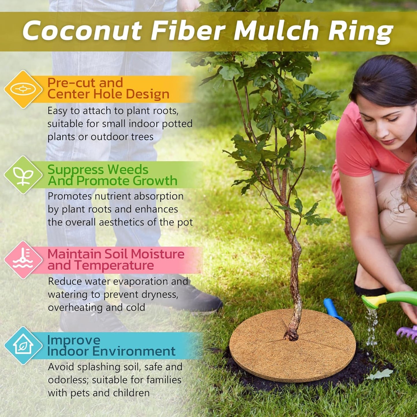 Legigo Coconut Fiber Mulch Ring - 4-Pack Natural Coir Tree Protector Mats | 11.8 Inch Soil Cover for Indoor & Outdoor Plants