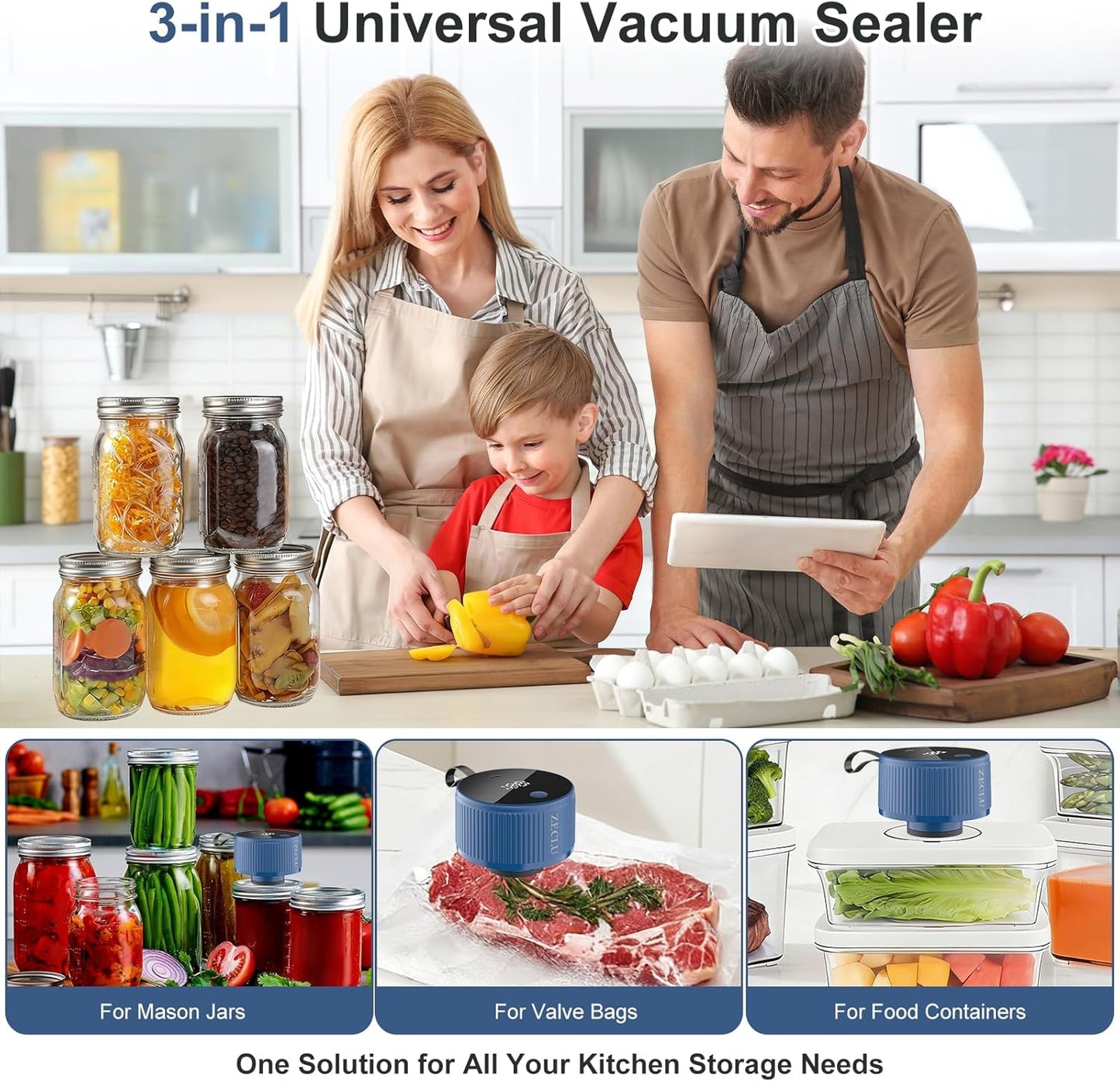 Skiennix Electric Mason Jar Vacuum Sealer Kit - Automatic Wide & Regular Mouth Sealer | Portable Canning Tool with 20 Lids & 24 Labels, Blue