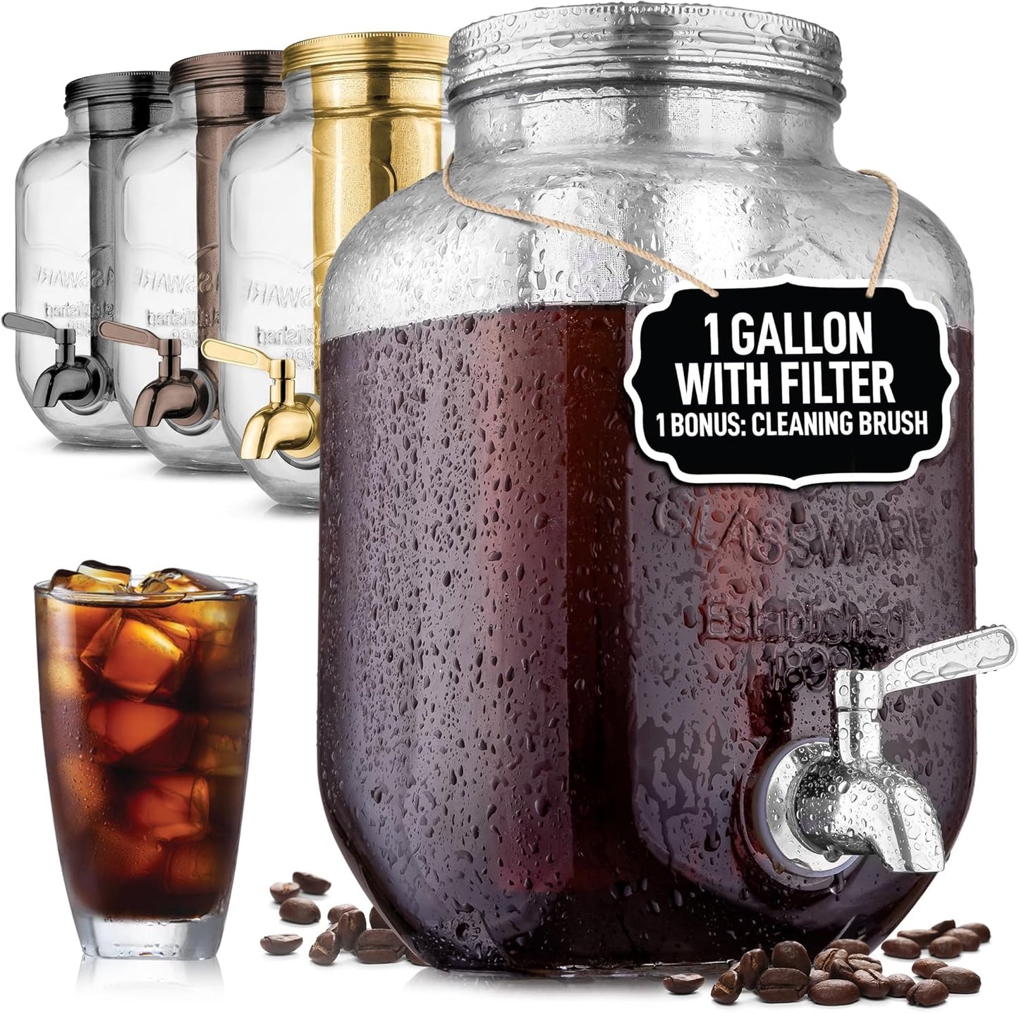 Zulay 1 Gallon Glass Drink Dispenser - Leak-Resistant with Spout Lid & Stainless Steel Filter | Perfect for Parties & Events