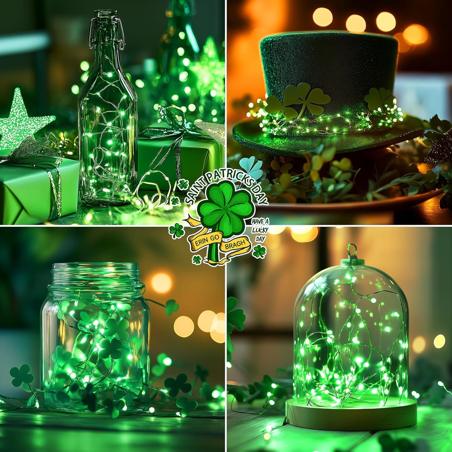 Minetom 6 Pack Fairy Lights - 7ft Battery Operated Waterproof Silver Wire LED String Lights for St. Patrick's Day Decor | Green