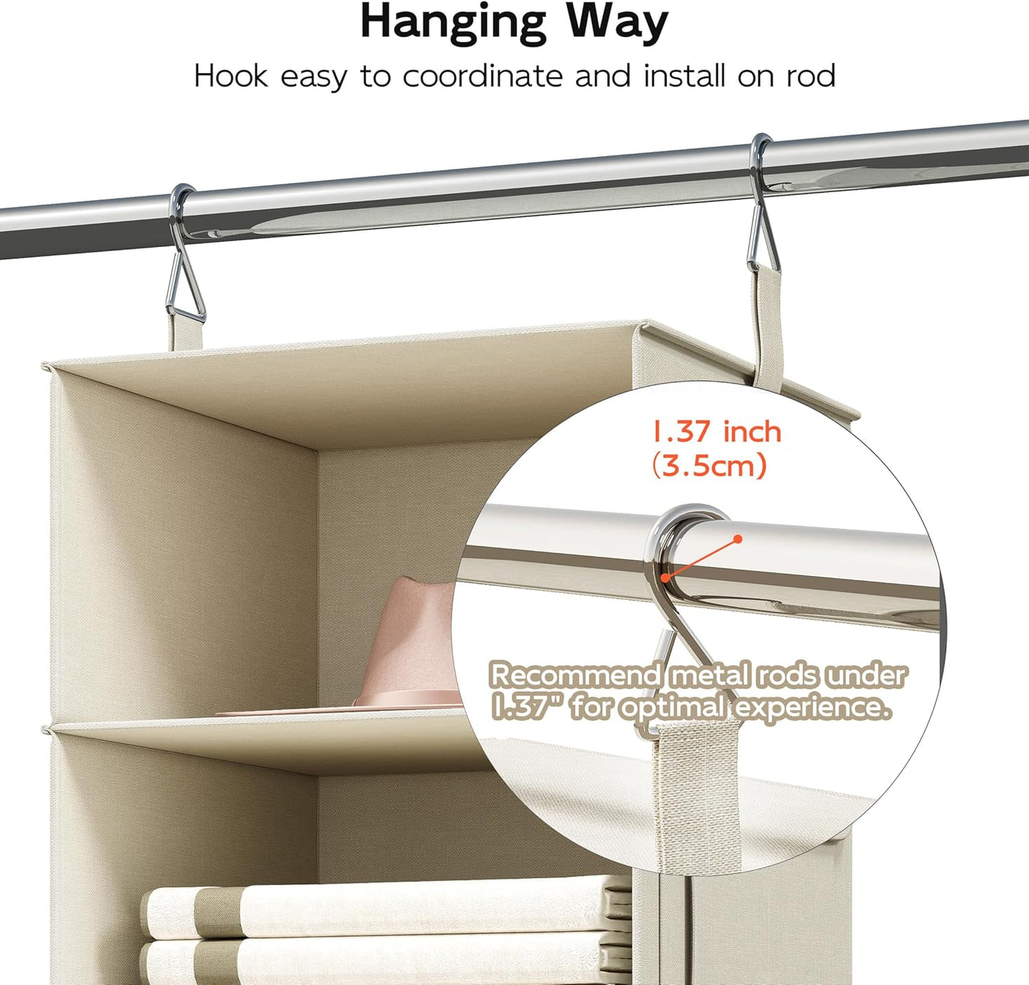 Vailando 6-Shelf Hanging Closet Organizer - 3 Drawers & 2 Separable Units | Beige Wardrobe Storage Solution