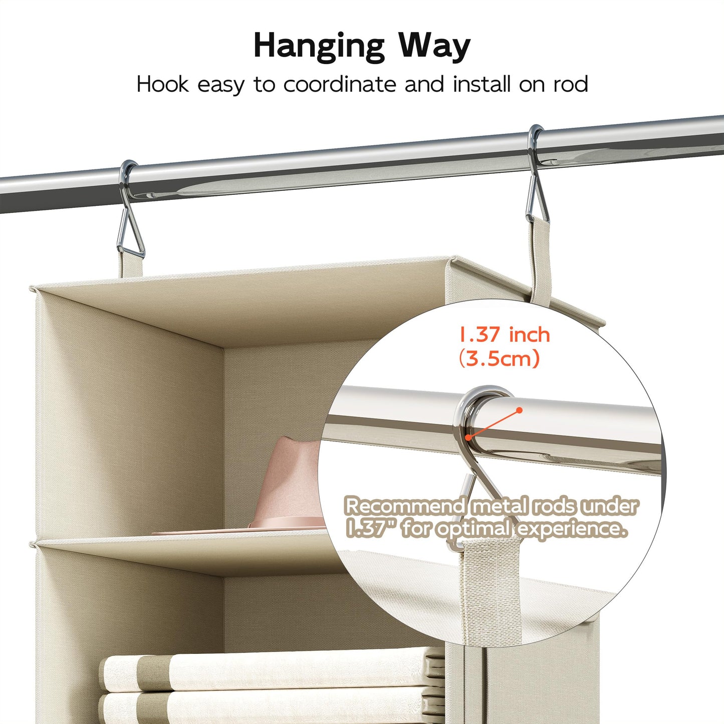 Vailando 6-Shelf Hanging Closet Organizer with 3 Drawers, 2 Separable 3-Shelf Closet Organizers and Storage for Wardrobe Organization, Hanging Dresser for Nursury & Dorm Clothes Organizer, Beige
