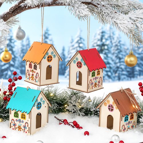 DoubleFill 36 Pcs Wooden Gingerbread House Craft Kit - DIY 3D Xmas Village for Kids, Perfect Winter Art Gift