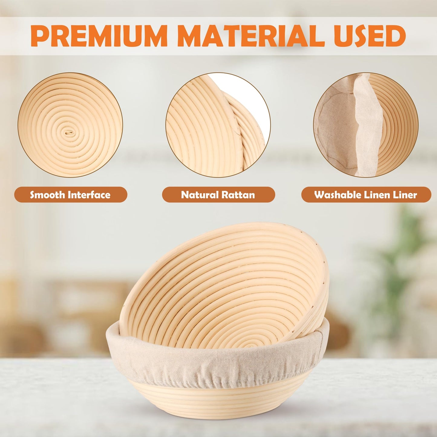 E-far Bread Proofing Basket Set of 2, 9 Inch Round Dough Bowls for Rising, Sourdough Bread Baking Supplies with Liners for Home and Professional Baking