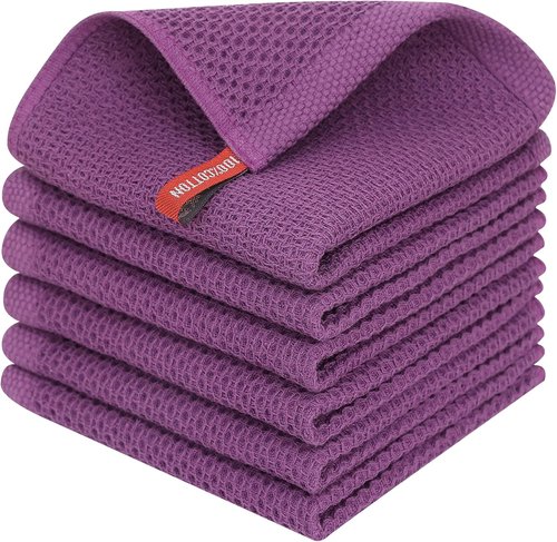 Homaxy Kitchen Dish Cloths - Ultra Soft 100% Cotton Waffle Weave | Quick Drying, 12x12 Inches, 6-Pack, Purple