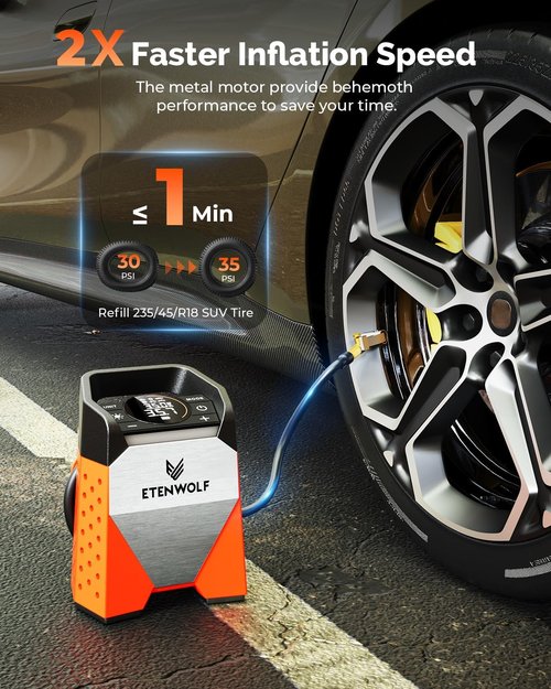 ETENWOLF Zephyr S3 Tire Inflator - Portable Air Compressor with 160 PSI | Fast 1 Min Inflation, Vivid Orange