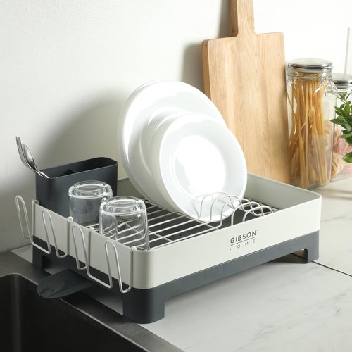 Gibson Home Nestcraft Dish Rack - Full Size Rust Resistant with Drain Board & Flatware Caddy | White