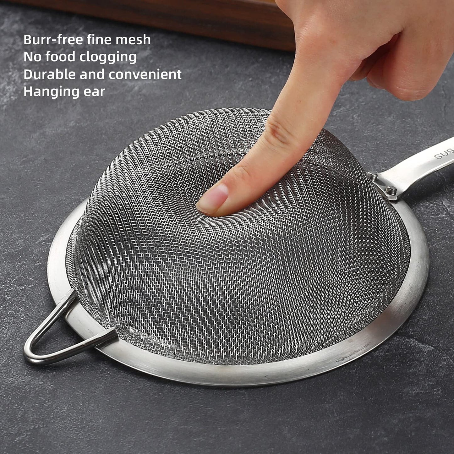 SUNWUKIN 304 Stainless Steel Fine Mesh Strainers for Kitchen, Colander-Skimmer with Handle, Sieve Sifters for Food, Tea, Rice, Oil, Noodles, Fruits, Vegetable