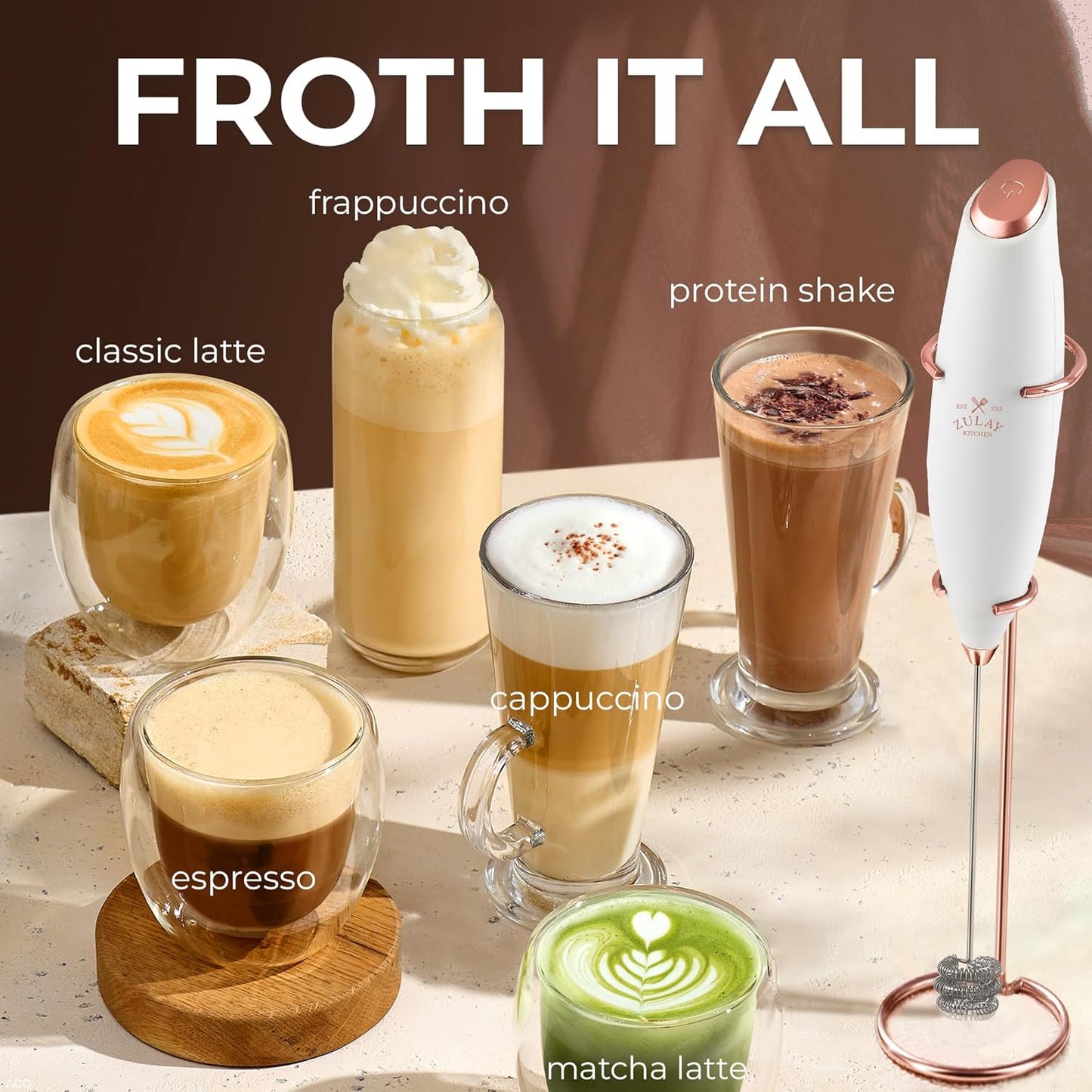 Zulay Kitchen Tornado Triple Whisk Milk Frother - Handheld Foam Maker for Coffee & Lattes - Gold Rose Finish