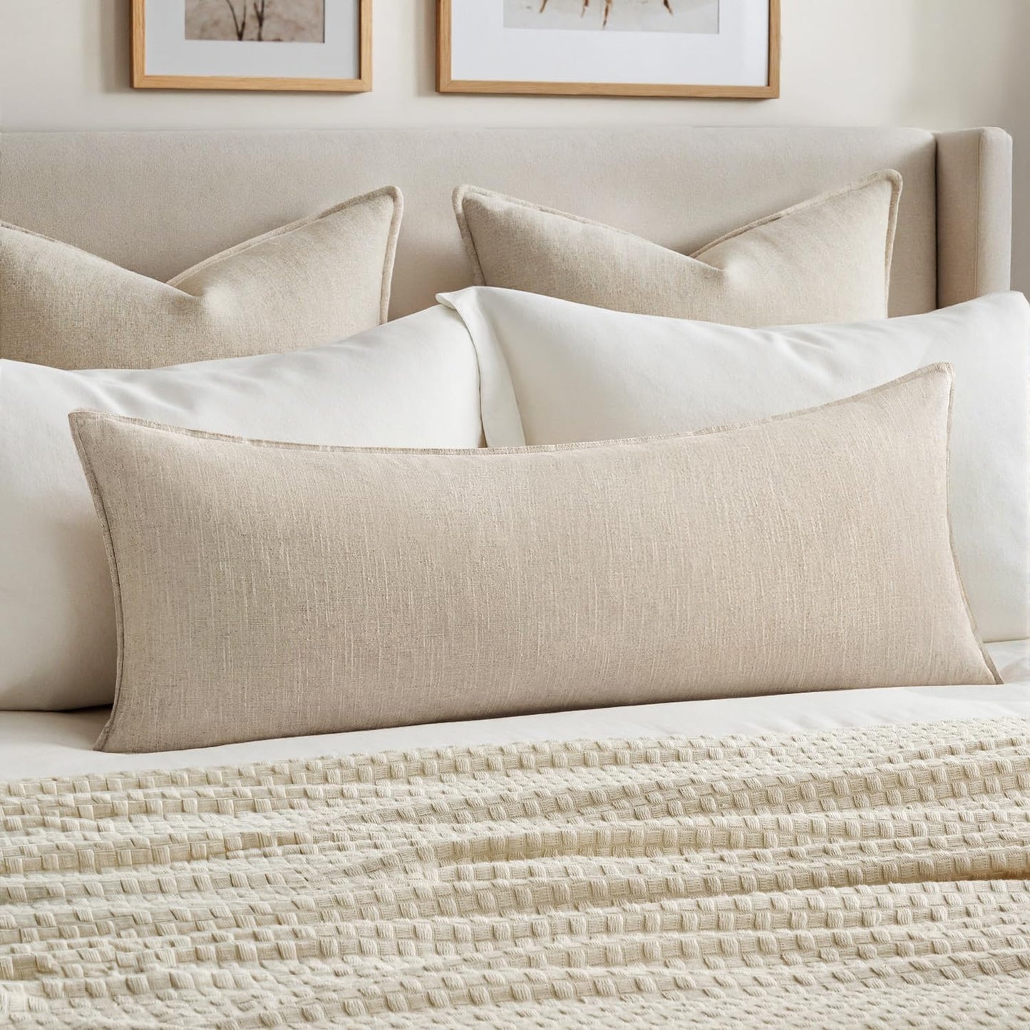 MIULEE Long Lumbar Throw Pillow Cover - Natural Beige Boho Farmhouse Style | 14x36 Inch Accent Cushion for Modern Living Room Decor