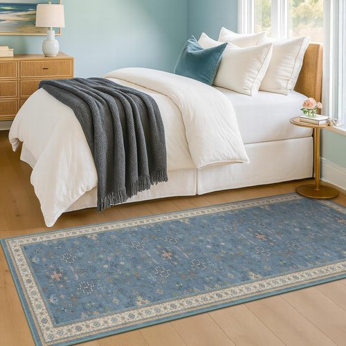 Hazo Haus Boho Kitchen Rug Runner - Light Blue Non-Slip Floral Design | Washable 2x6 for Bathroom & Hallway