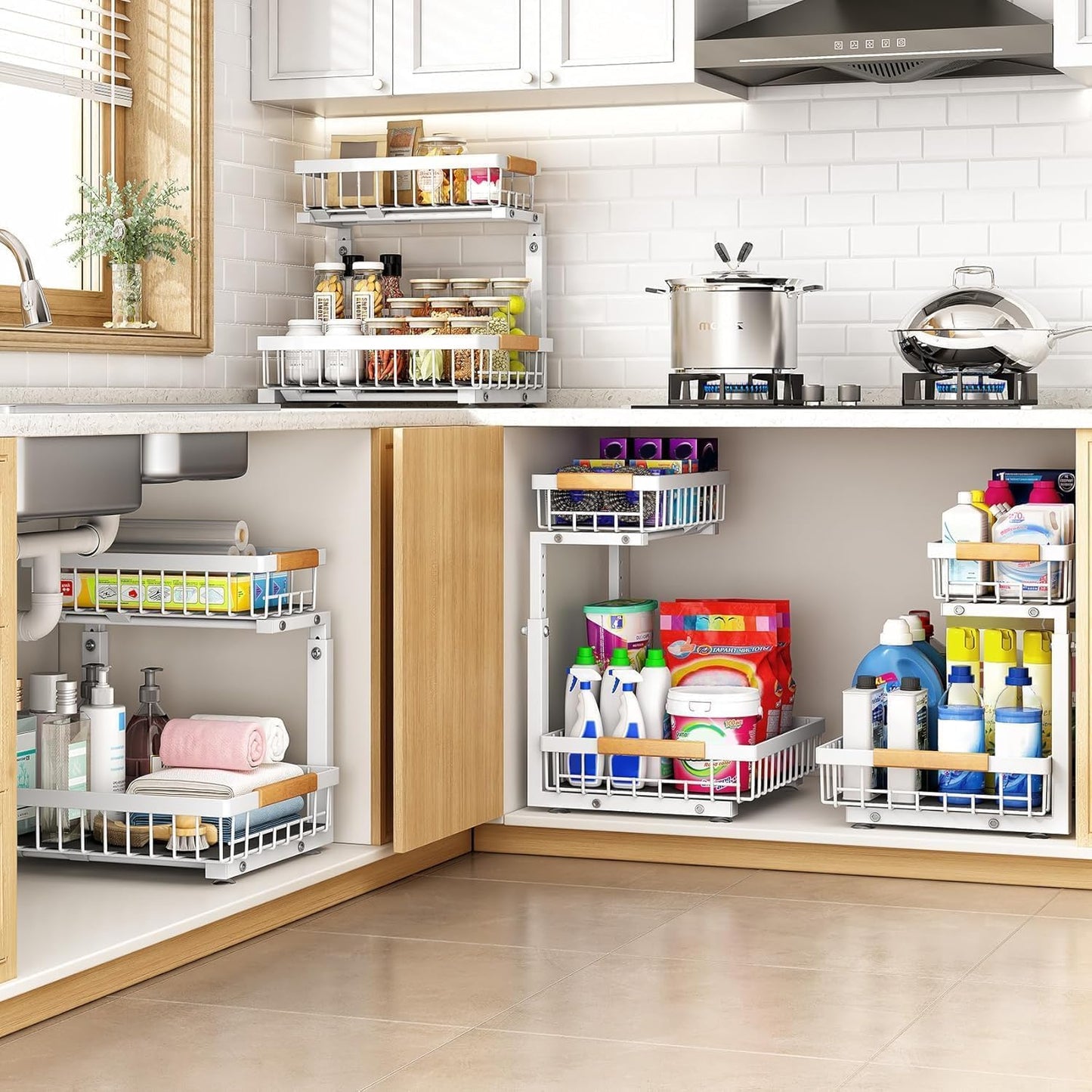 PXRACK Under Sink Organizer - Adjustable 2-Tier Pull-Out Storage for Kitchen & Bathroom | Large White 2-Pack