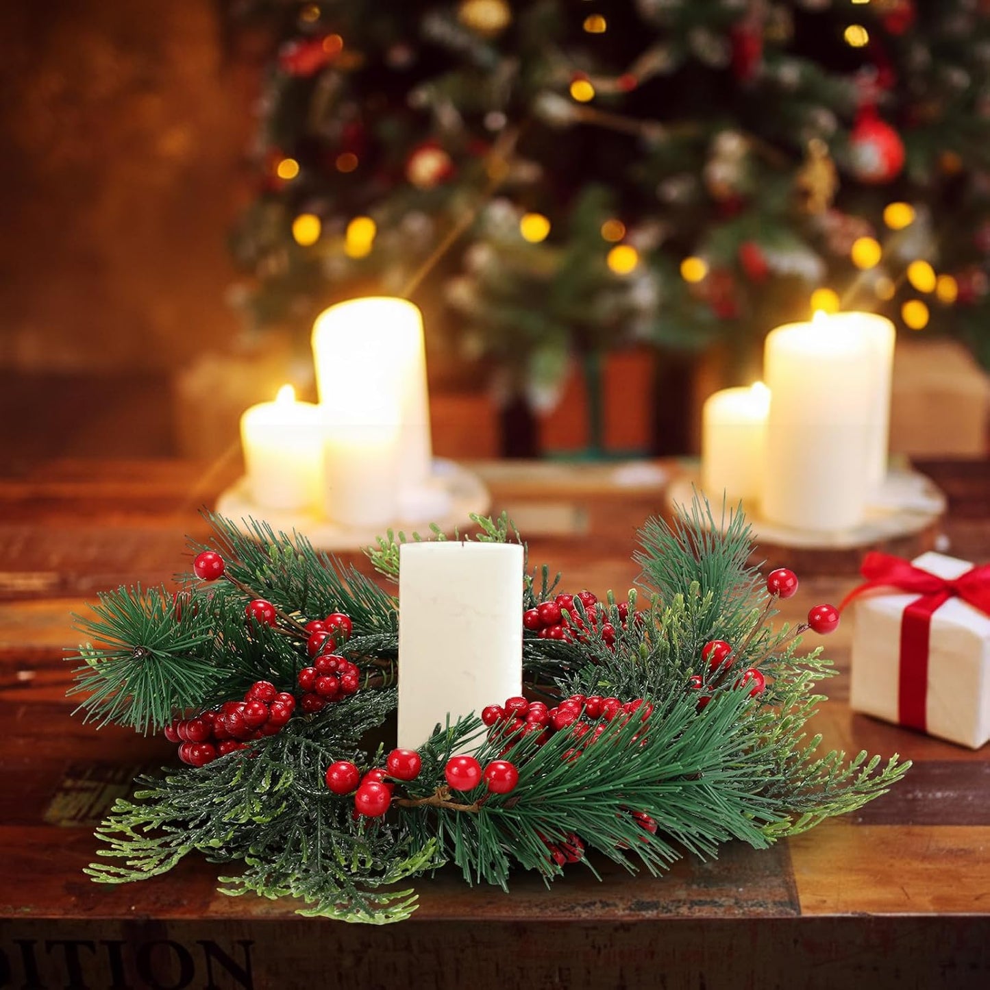 Knitgrip Mini Christmas Candle Rings - 4 Pcs Red Berry Pinecone Wreaths for Festive Home Decor