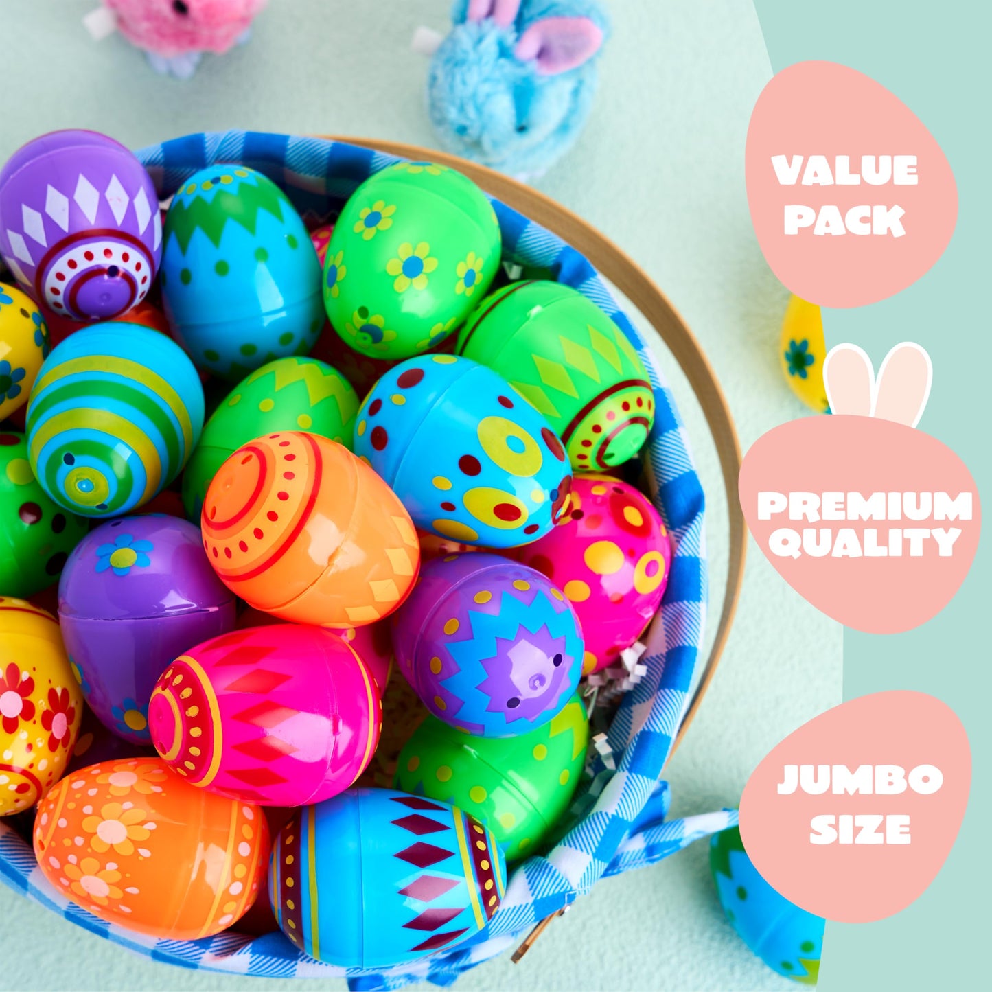 JOYIN 50 Pcs Plastic Printed Bright Easter Eggs 2.3" Tall for Easter Hunt, Basket Stuffers Fillers, Classroom Prize Supplies, Filling Treats and Party Favor