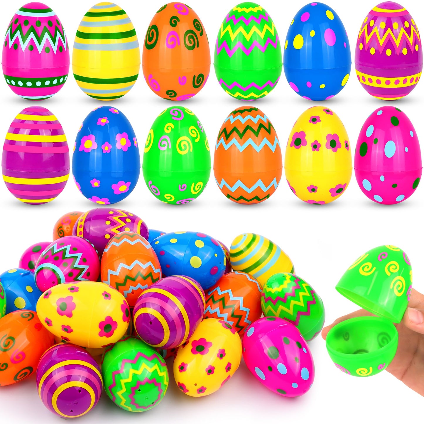 NAWITDA 36 Pack 3 Inch Large Plastic Printed Easter Eggs, Empty Fillable Eggs Bulk for Easter Egg Hunt, Easter Basket Stuffers Fillers, Classroom Prize Supplies, Filling Treats and Party Favors