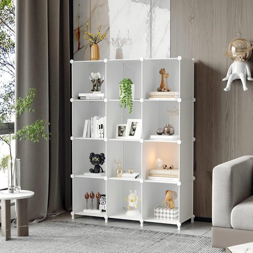 AWTATOS Cube Storage Organizer - 12 Cube Bookshelf | Stackable Plastic Shelves for Home & Bedroom - White