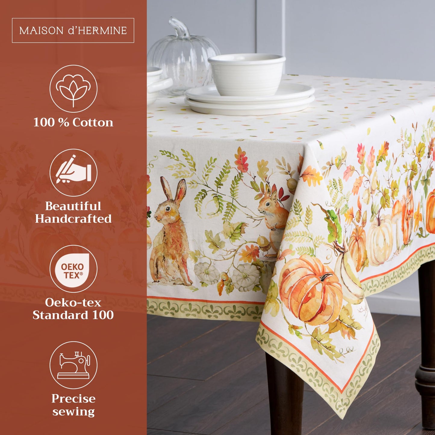 Maison d' Hermine Table Cloth Rectangle Table 100% Cotton 54 x 72 Inches Fall Tablecloth Reusable Everyday Use for Thanksgiving Christmas Decorations Dining Farmhouse Party (Pumpkin Passion)
