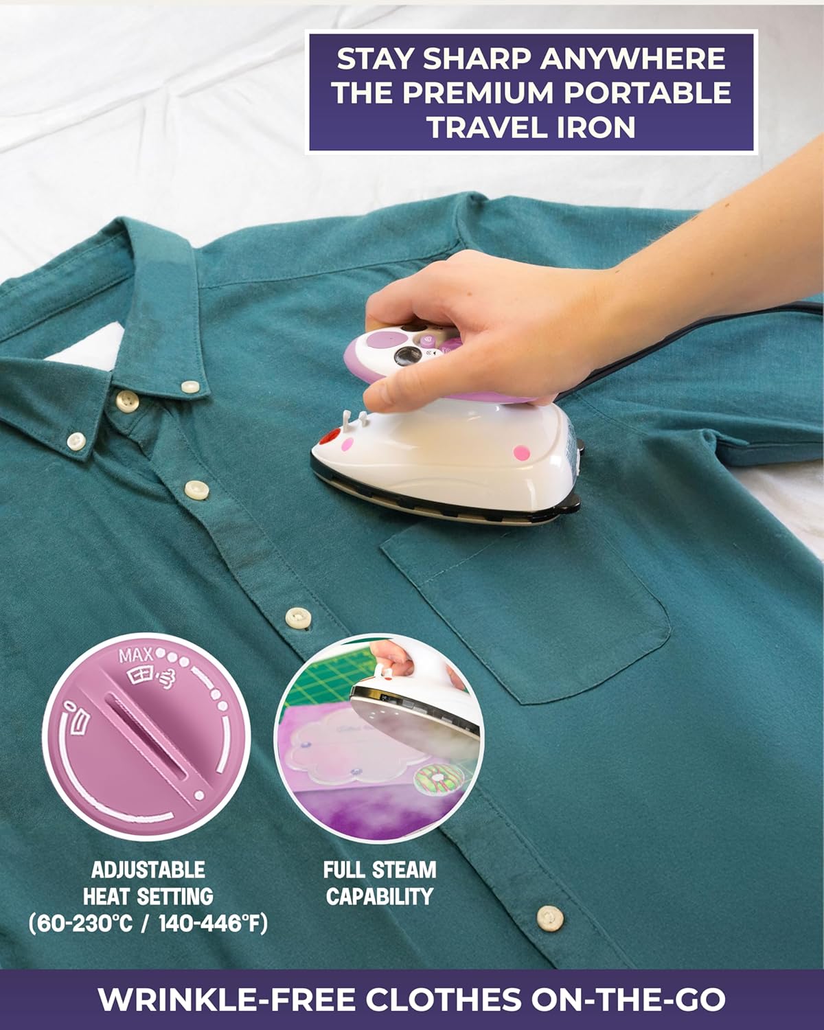Quilted Bear Mini Steam Iron - Lightweight Travel Iron for Effortless Quilting & Wrinkle-Free Clothes | Pink with Carry Case & Iron Rest Set