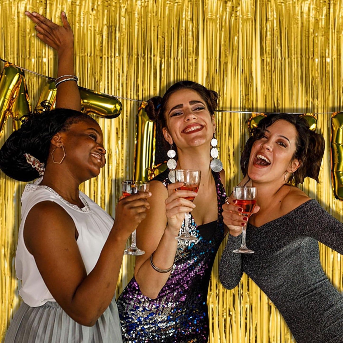 Skiennix Gold Fringe Curtain Backdrop - 2 Pack Tinsel Streamers for Party Decorations | Photo Booth & Events