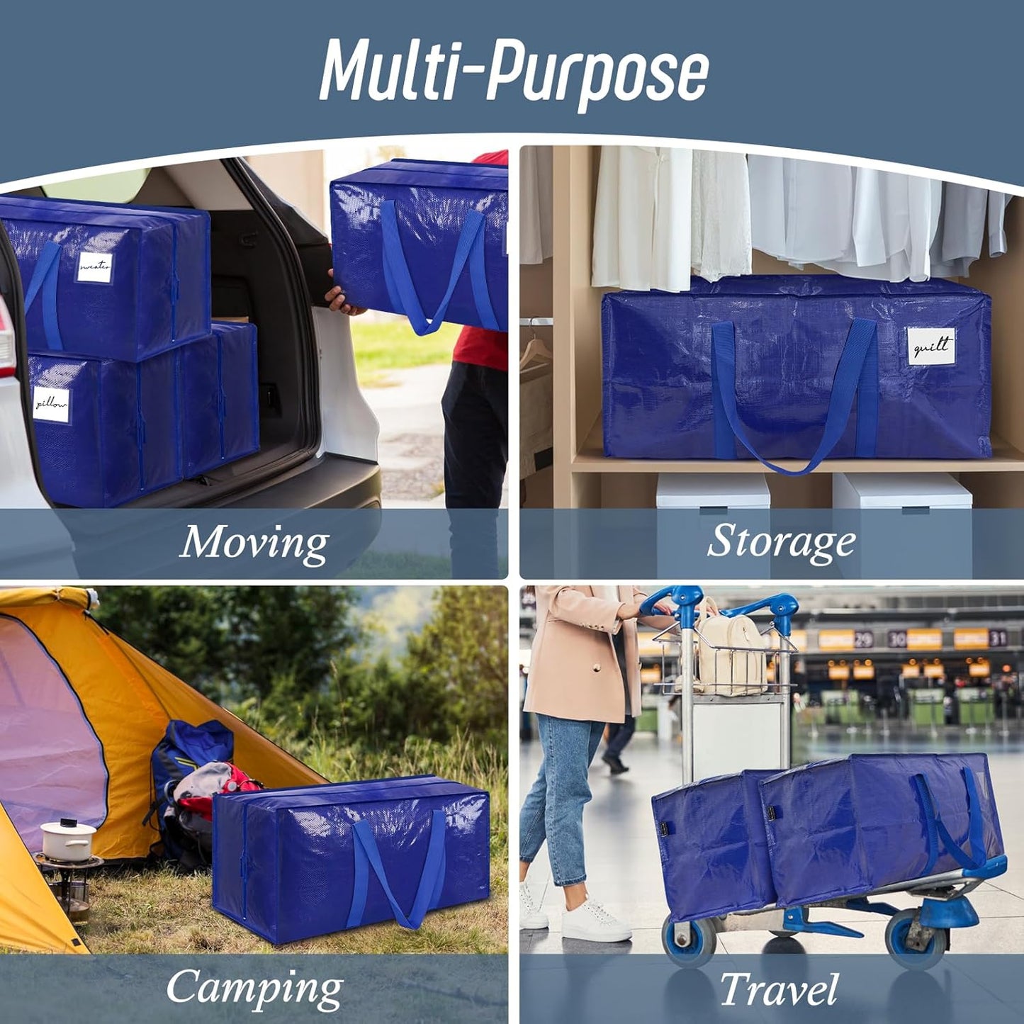 Skiennix Extra Heavy Duty Moving Bags - Large Storage Totes with Strong Zipper & Comfortable Handles | 6 Pack, Blue
