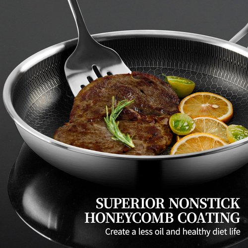 CADIVIZZO Stainless Steel Frying Pan with Lid - 11 Inch Nonstick Frying Pan with Lid, Honeycomb Stainless Steel Skillet Omelet Chef's Pan with Stay Cool Handle, Induction Compatible, PFOA Free